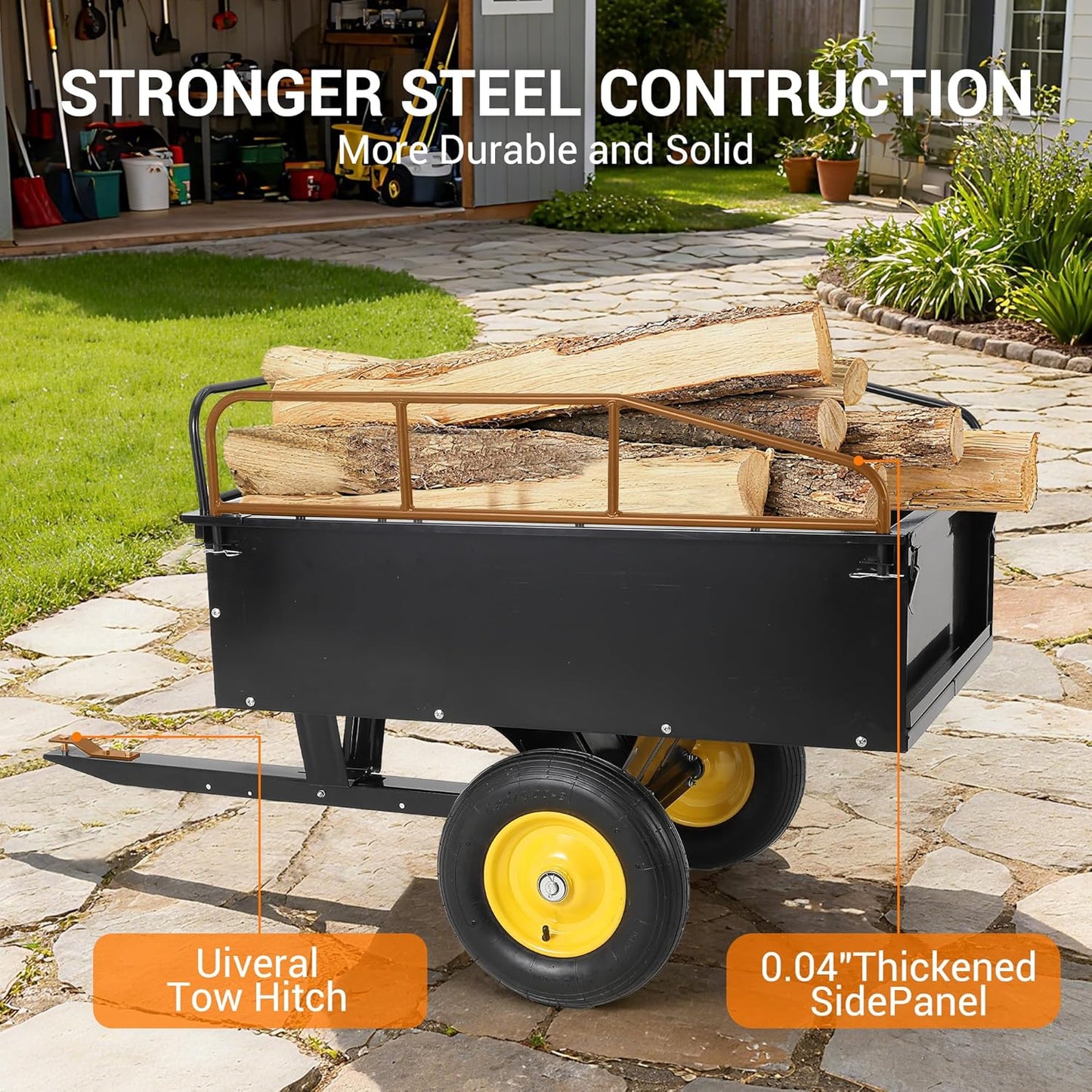 GAOMON 500LB Heavy Duty Tow Behind ATV Trailer Steel Dump Cart - 10-Cubic Feet Capacity - Garden Utility Trailer - Trailers with Removable Tailgate for Riding Lawn Mower Tractor