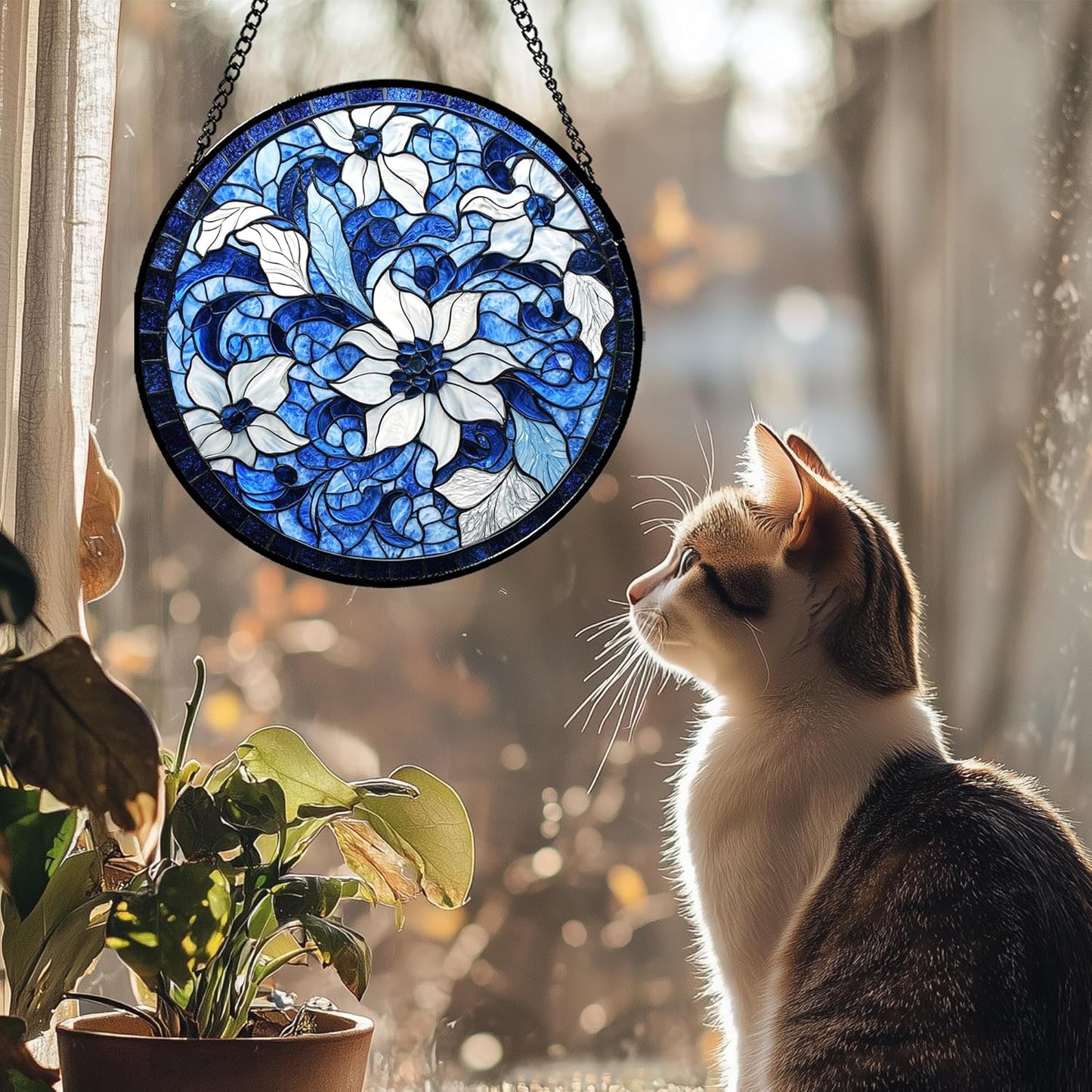 Stained Glass Window Hanging - Blue White Flowers Suncatcher for Doors Garden Patio Boho Style Sun Catchers Decor Christmas Mother's Day Birthday Gifts for Women Men Mom Nana Friend 7.8 in