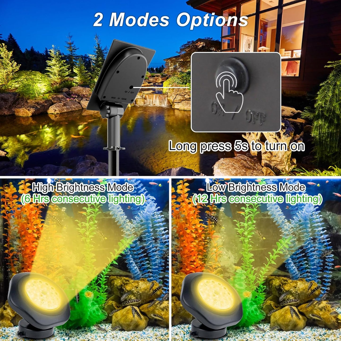 Solar Pond Lights, 18 LED Super Bright Underwater Spotlights LED Submersible Pond Light IP68 Waterproof Fountain Lights for Fish Aquarium Tank Garden Yard Pool Decor Warm White (3-in-1)