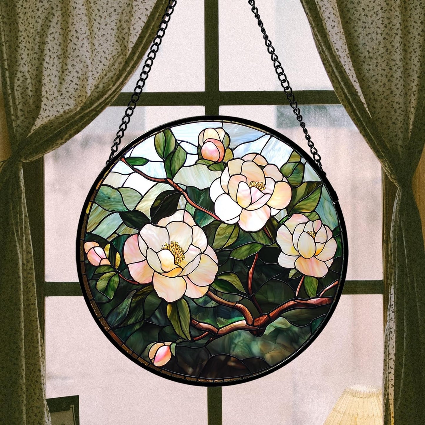 Stained Glass Suncatcher, Light Pink Flowers Green Leaf Sun Catcher Plant Stain Glass Window Hanging Decoration Mother's Day Birthday Gifts for Women Men Mom Nana 11.8 in