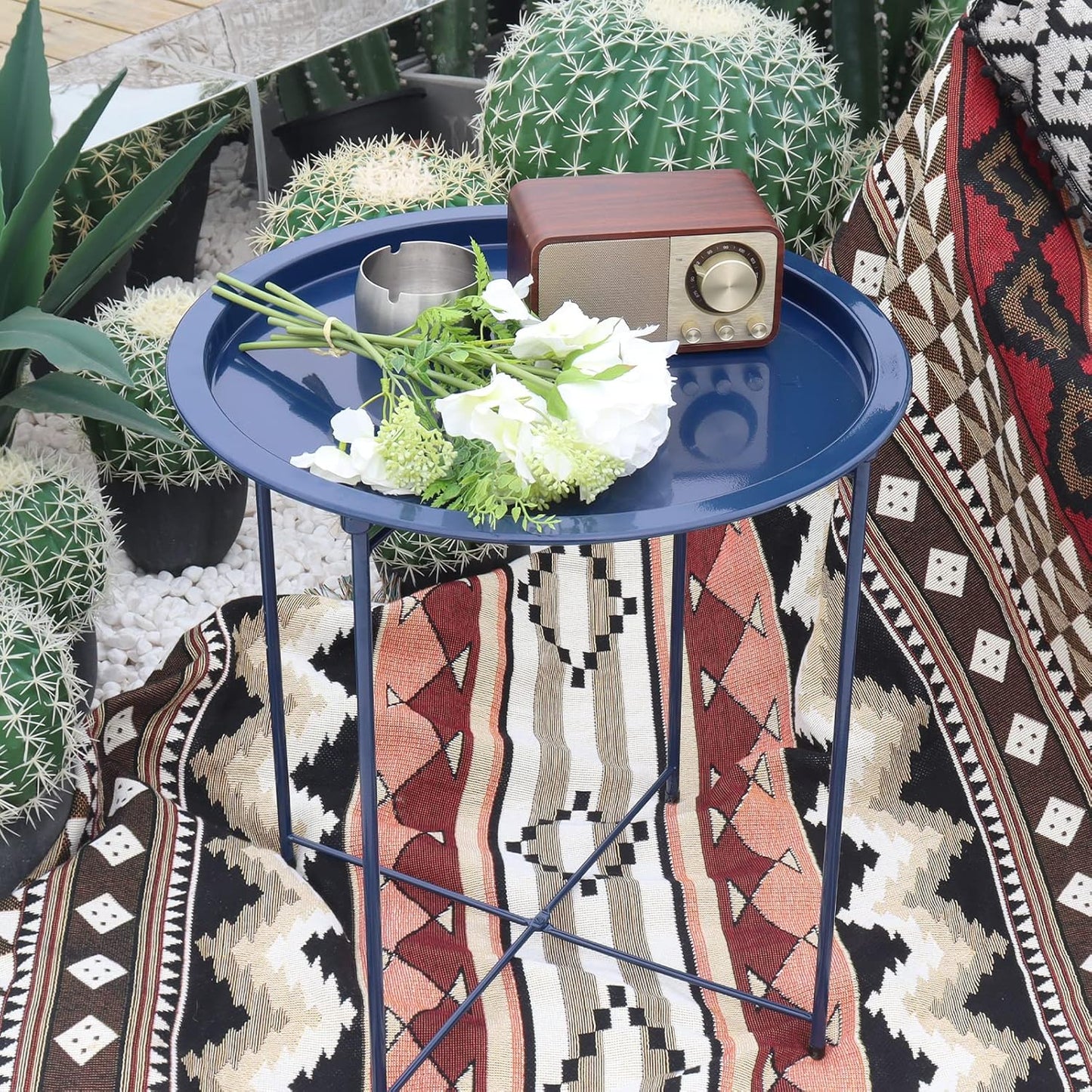 Garden 4 you End Table Metal Side Table Blue Round Folding Tray Cyan Sofa Small Accent Fold-able Table, Round End Table Tray, Next to Sofa Table, Snack Table for Living Room and Bed Room