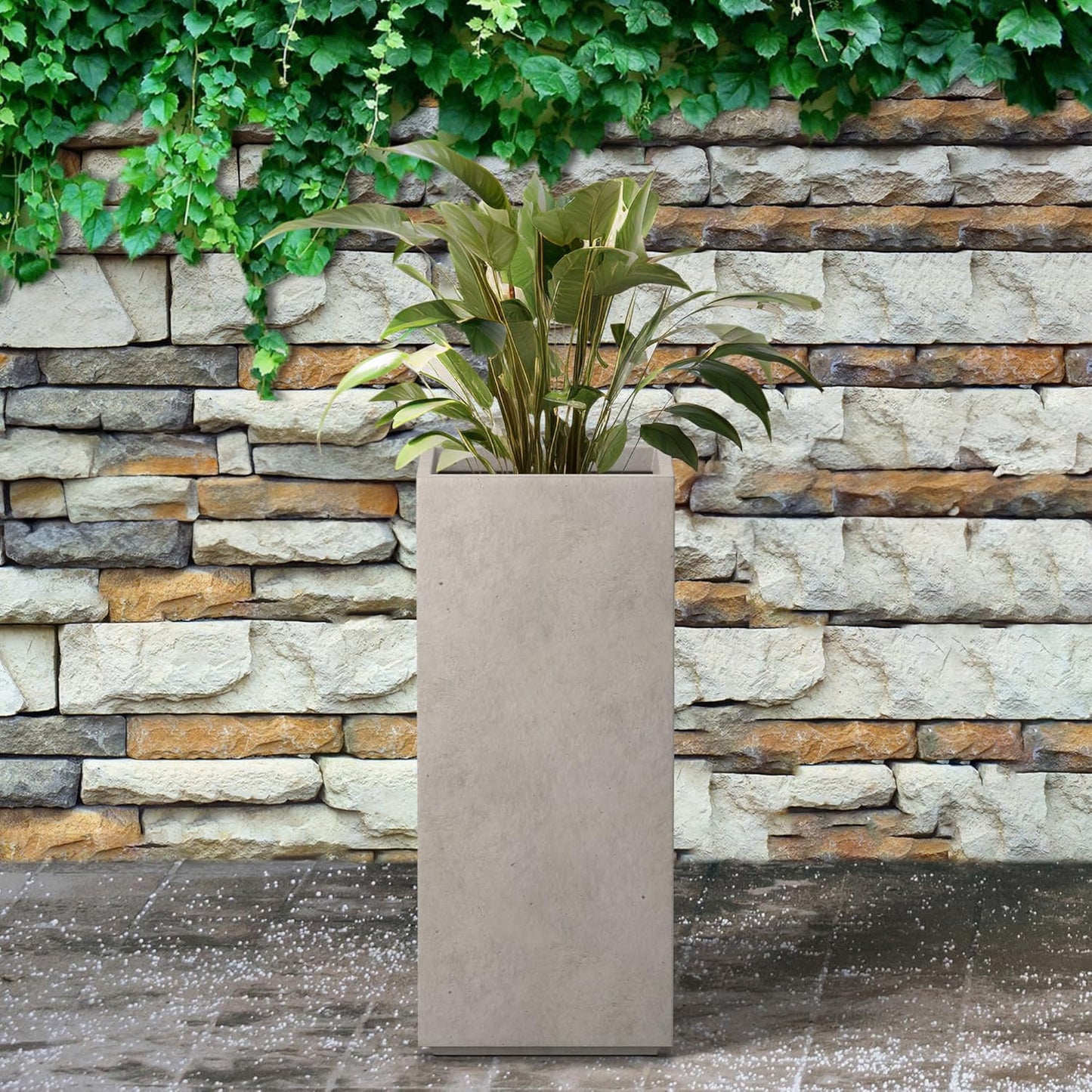 Kante 23.6" H Tall Rectangular Concrete Planter, Modern Design Plant Pot with Drainage Hole and Rubber Plug for Indoor Outdoor Plants, Patio, Garden and Home, Weathered Concrete