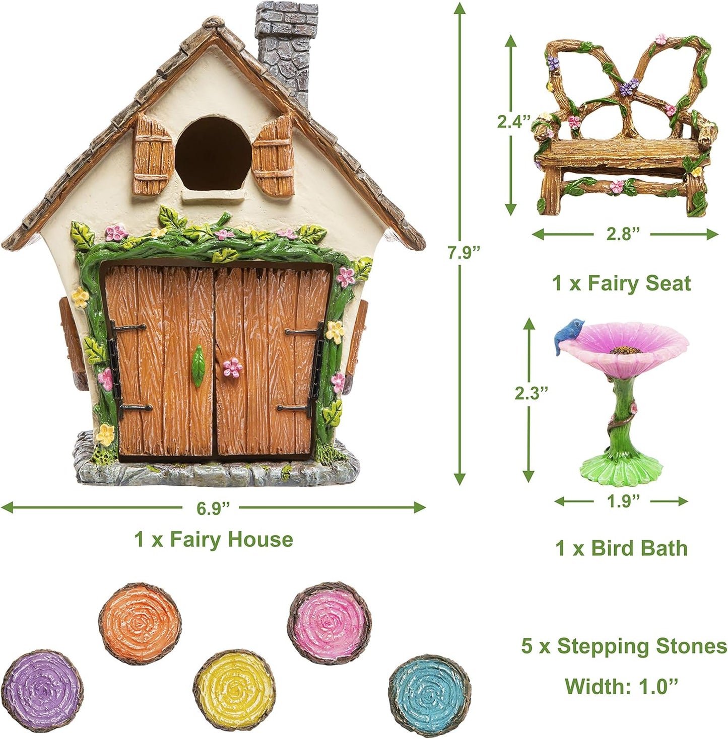 Meadow & Oak Fairy Garden House Kit - Complete with Fairy Garden Accessories, Butterly Seat, Bird Bath, Stepping Stones, Magnetic Door Closure for Indoor/Outdoor Fairy House