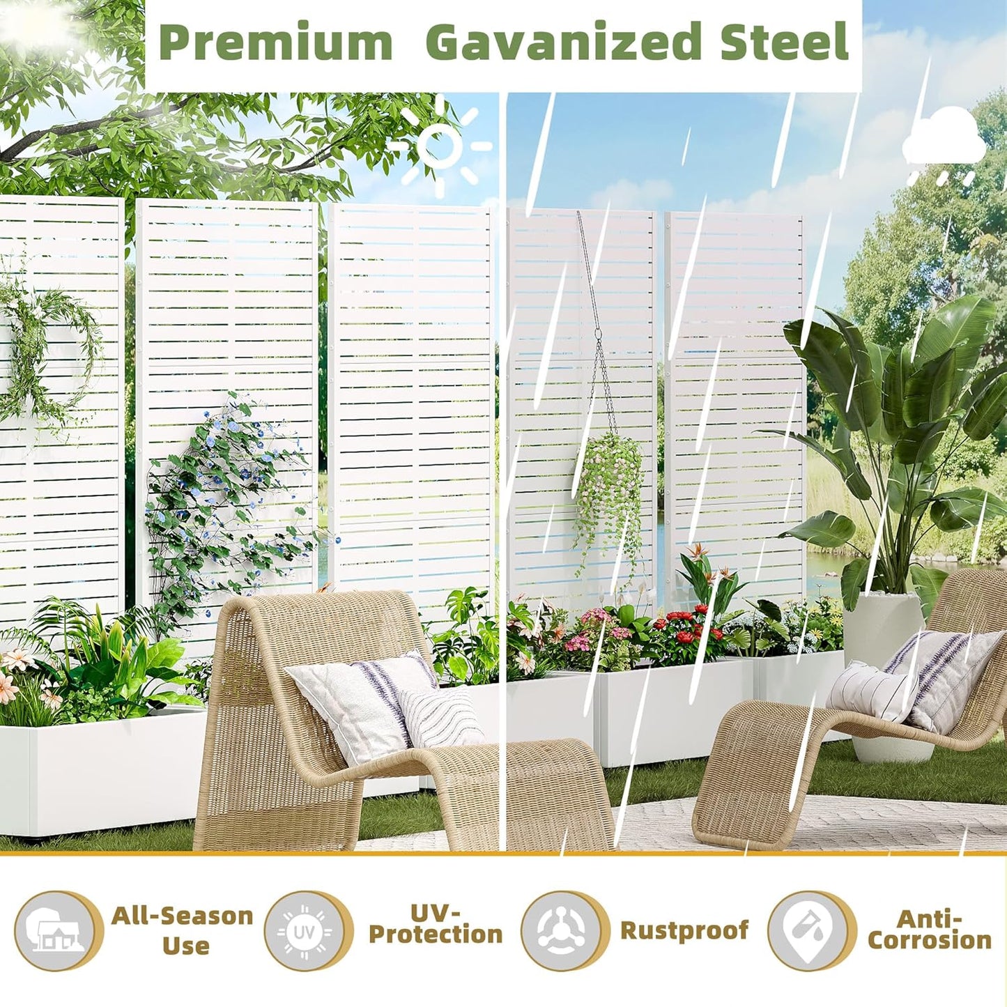 Casaphoria Metal Raised Garden Bed with Trellis and Wheels, 72"x35"x16" Planter Box for Climbing Plants, Vegetables & Vines, Features Drainage Holes and Privacy Screen (White-Louvered)