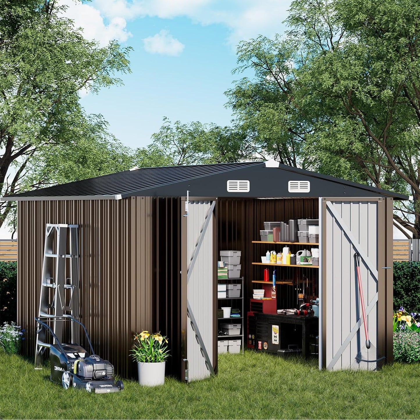 COMHOMA Shed Outdoor Storage Shed Metal,Lockable Doors Tool Sheds with Sloping Roof,Steel Garden Shed with Air Vent for Backyard,Patio,Lawn,Poolside (Brown, 10'*10')