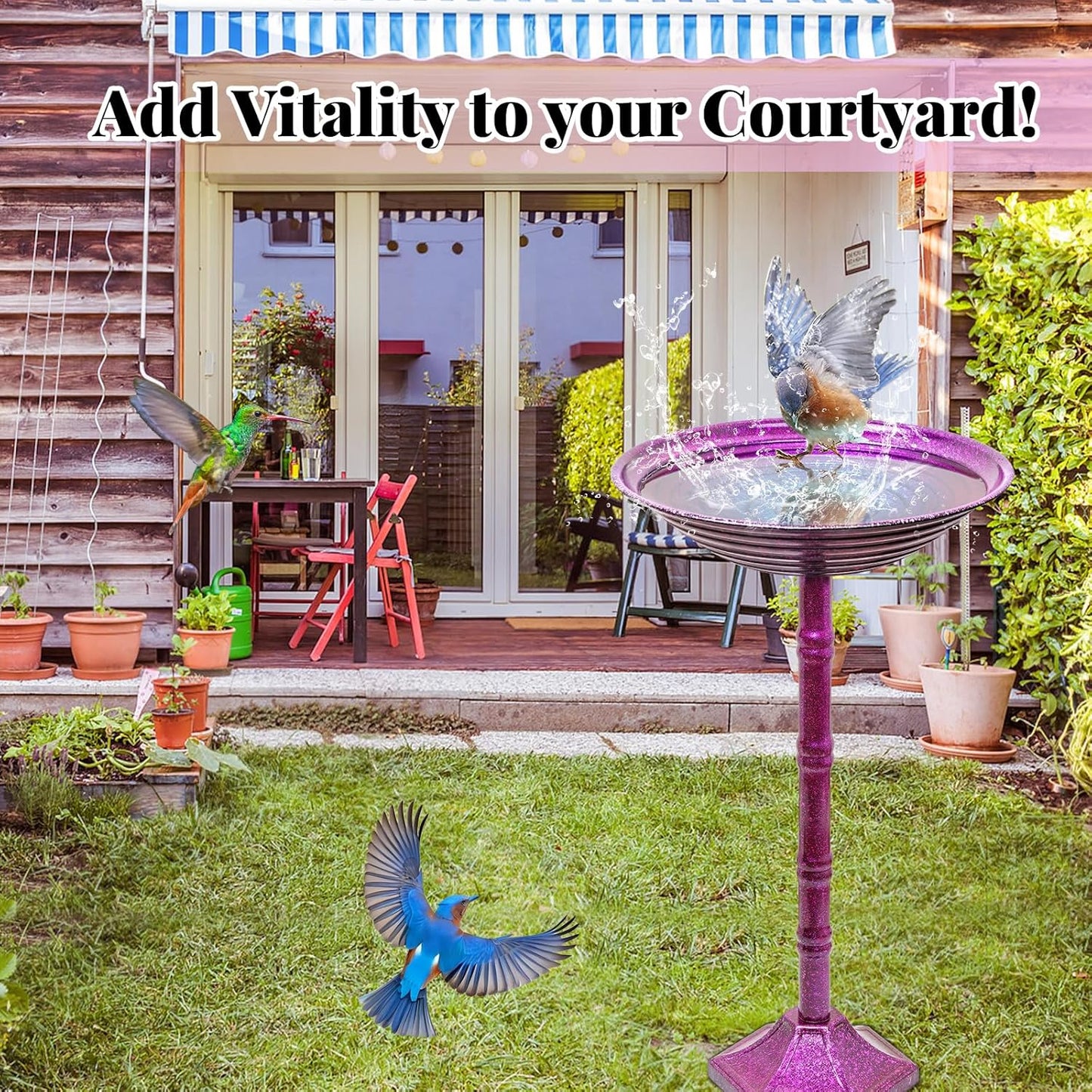 Metal Bird Bath for Outdoors, 28.4" Freestanding Garden Metal Birdbaths with Stable Upgrades Stake, Easy to Clean Birdfeeder for Outside Garden Yard Lawn Decor(Gradient Purple)