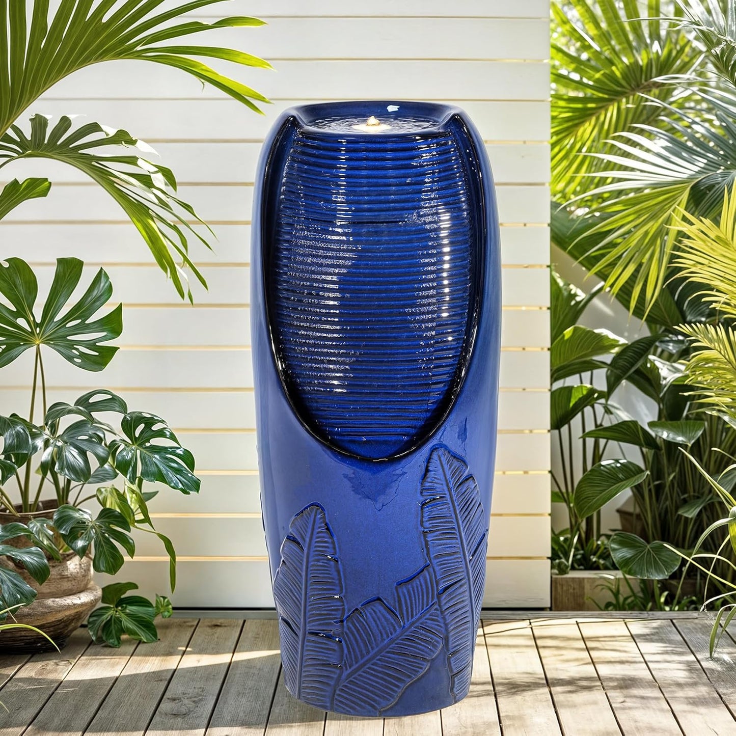 33" H Outdoor Garden Fountain with LED Lights, Modern Ceramic Jar Water Fountain, 3D Tropical Leaf Pattern, Cobalt Blue Glaze, Soothing Cascading Waterfall for Relaxing Patio, Yard, Porch