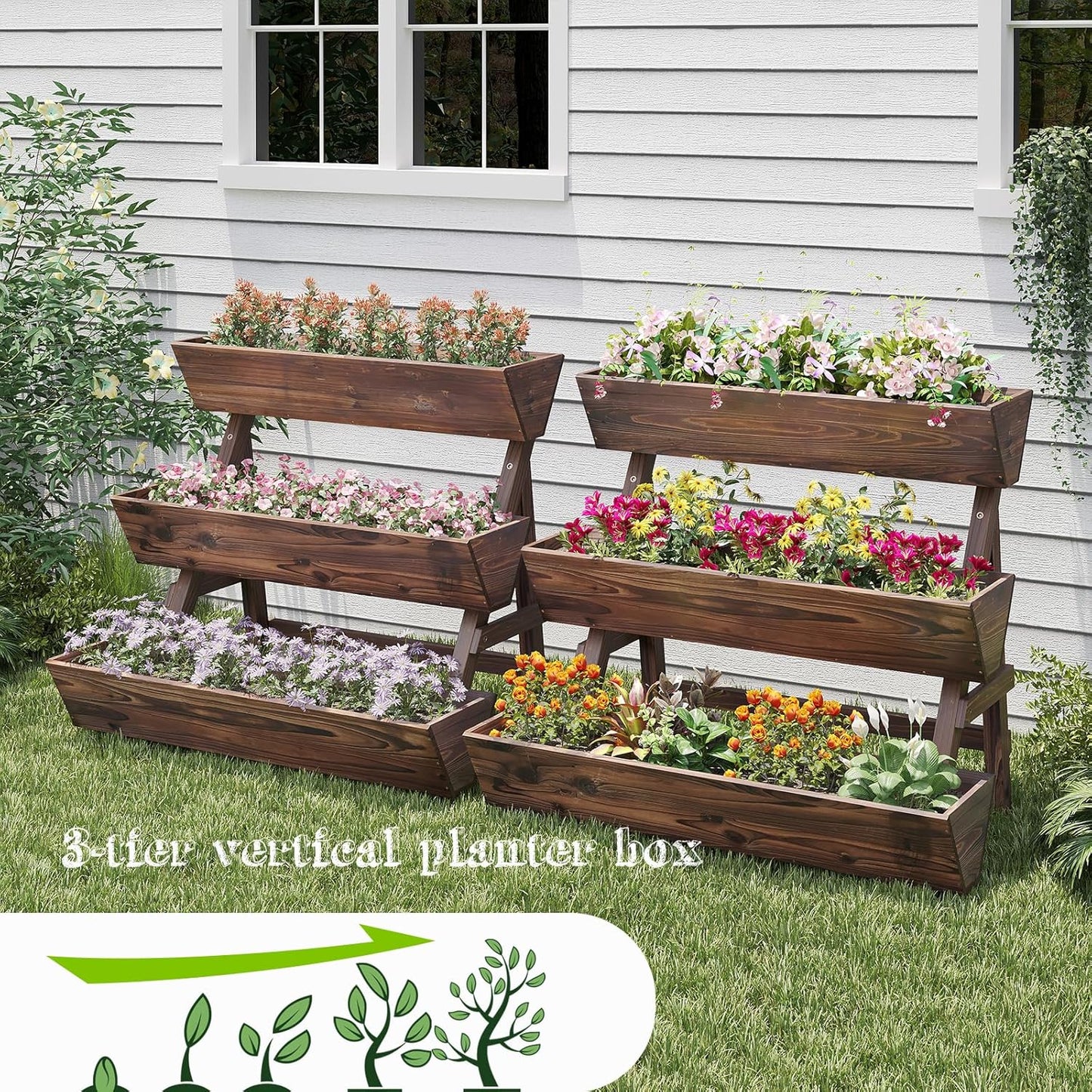 3-Tiers Wooden Raised Garden Bed Tiered Planter Box Vertical Garden Planter Wood Plant Stand for Patio, Balcony, Freestanding (Carbonized L)