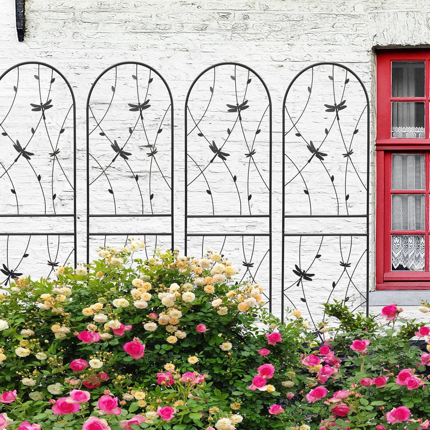 4 Pack Metal Garden Trellis 86.7" Tall Outdoor Climbing Plant Support for Roses, Flowers, Rustproof Durable Black Galvanized Tube, Lawn Garden Fence Decor Screen (4, Black dragonflies-86.7" H)