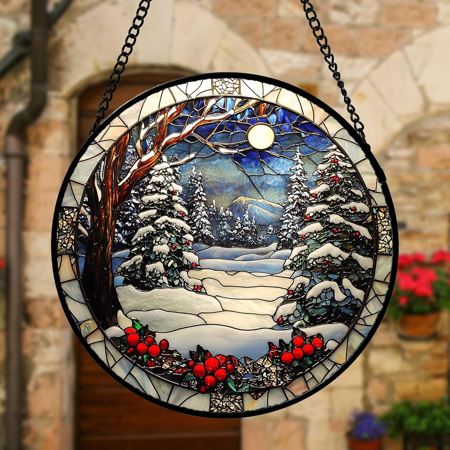 Stained Glass Window Hanging Christmas Tree Winter Snow Night Scenery 9.8" - Suncatcher Door Garden Kitchen Sun Catcher Home Decor Birthday for Mom Men Woman Friend