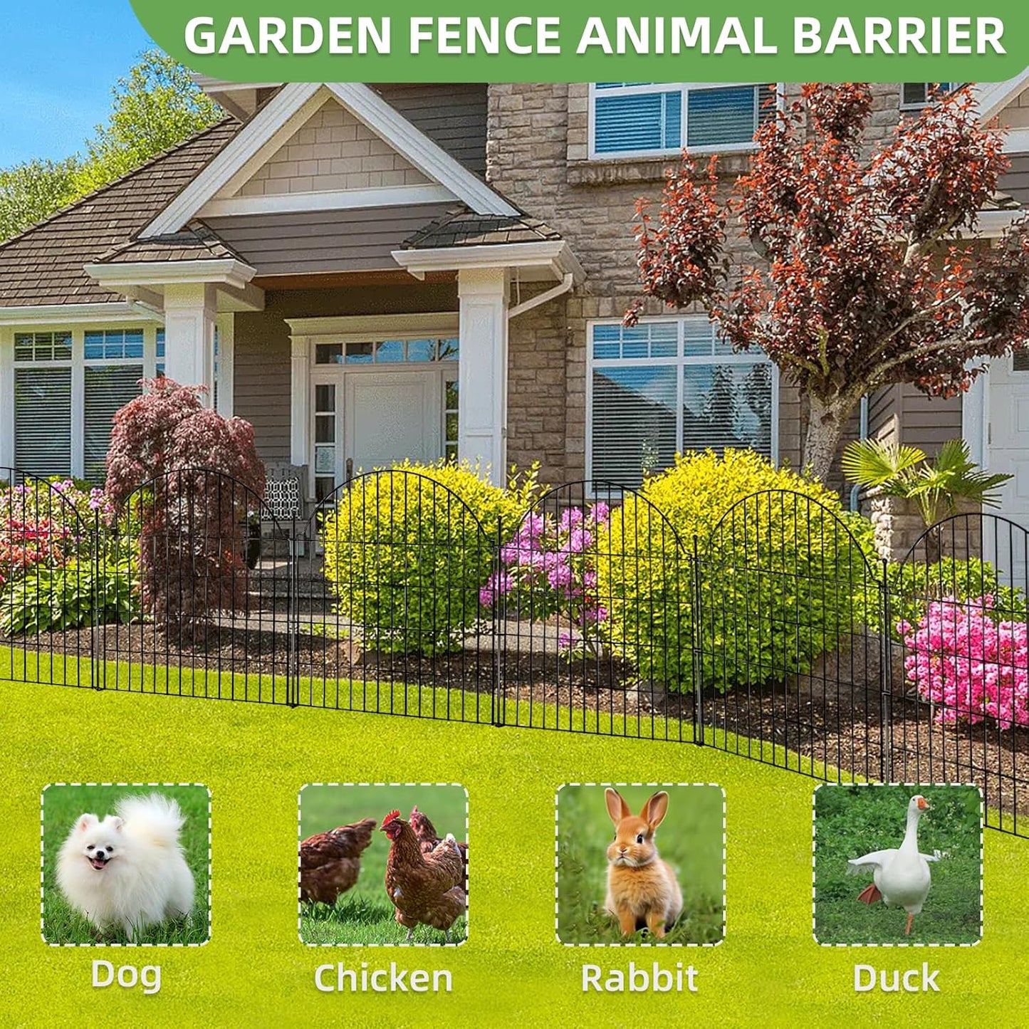 Decorative Metal Garden Fence with Gate Lock 10 Panels, 32in (H) x 23.6ft (L) No Dig Dog Fence Outdoor for Yard, Temporary Rustproof Metal Wire Rabbit Dog Garden Border Fencing for Patio