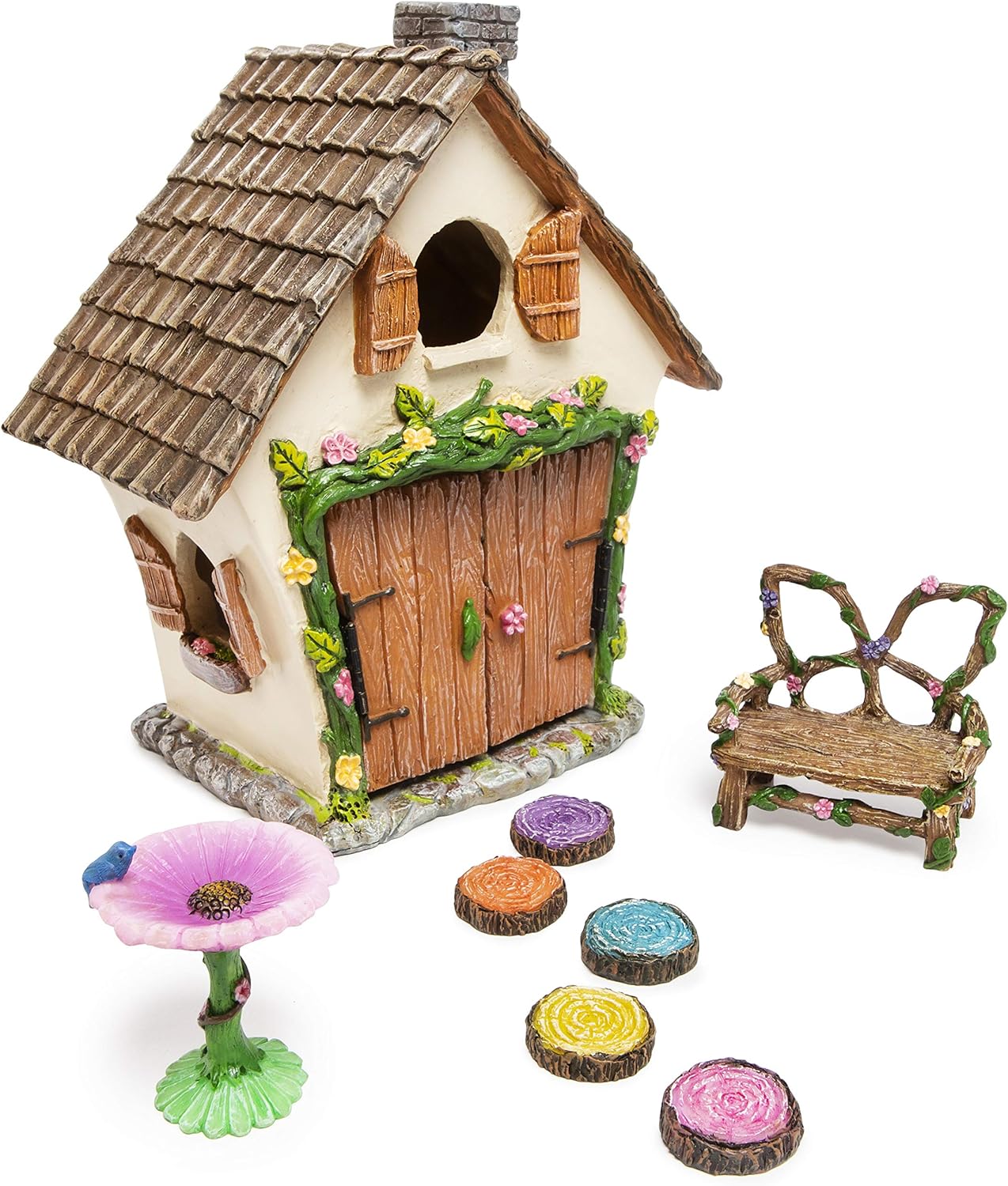 Meadow & Oak Fairy Garden House Kit - Complete with Fairy Garden Accessories, Butterly Seat, Bird Bath, Stepping Stones, Magnetic Door Closure for Indoor/Outdoor Fairy House