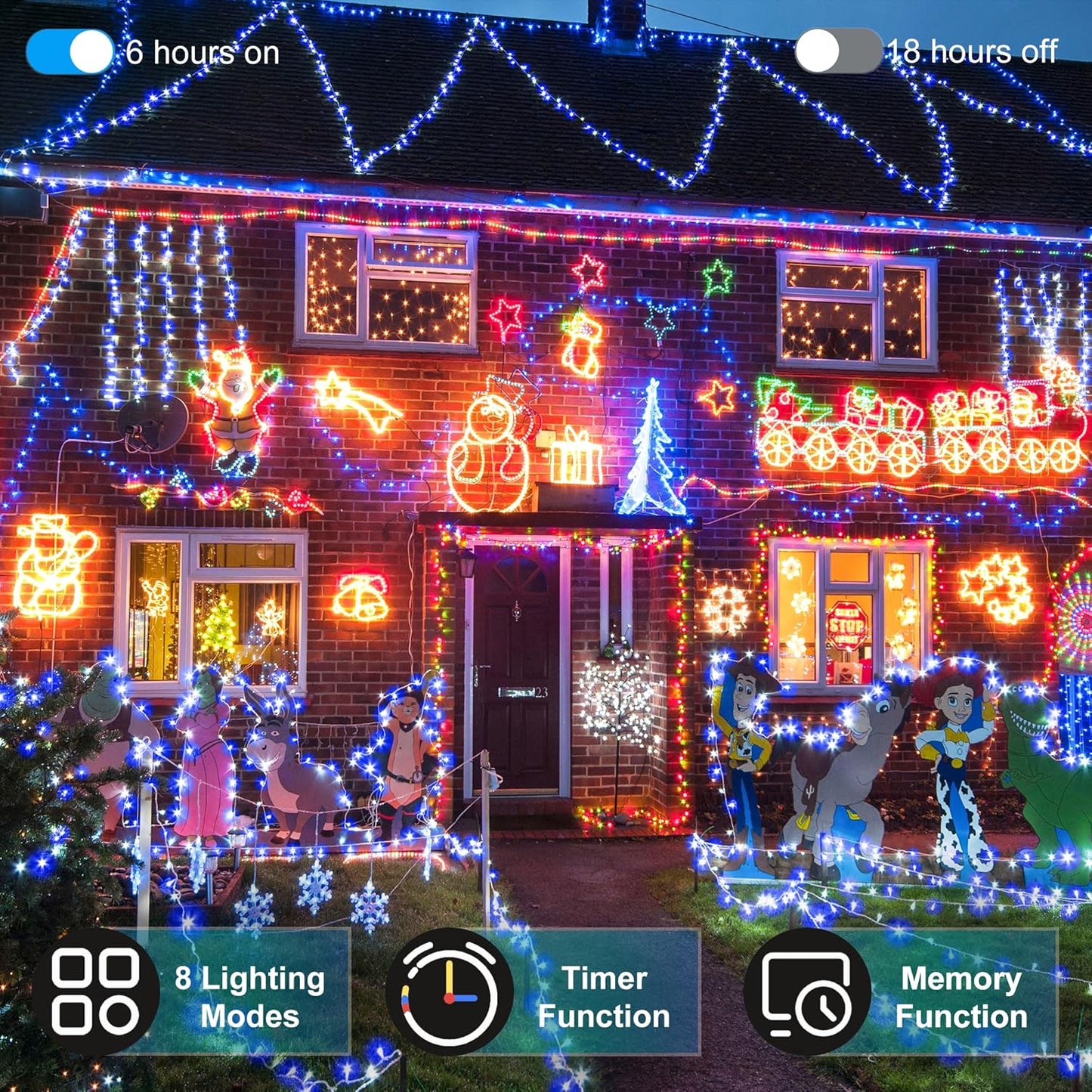 300LED Christmas Lights Indoor Outdoor Use Green Wire, 8 Lighting Modes 100FT Christmas Tree Lights with Timer & Memory, IP44 Waterproof for Tree Xmas Patio Yard Fence Balcony Garden Blue & Cool White