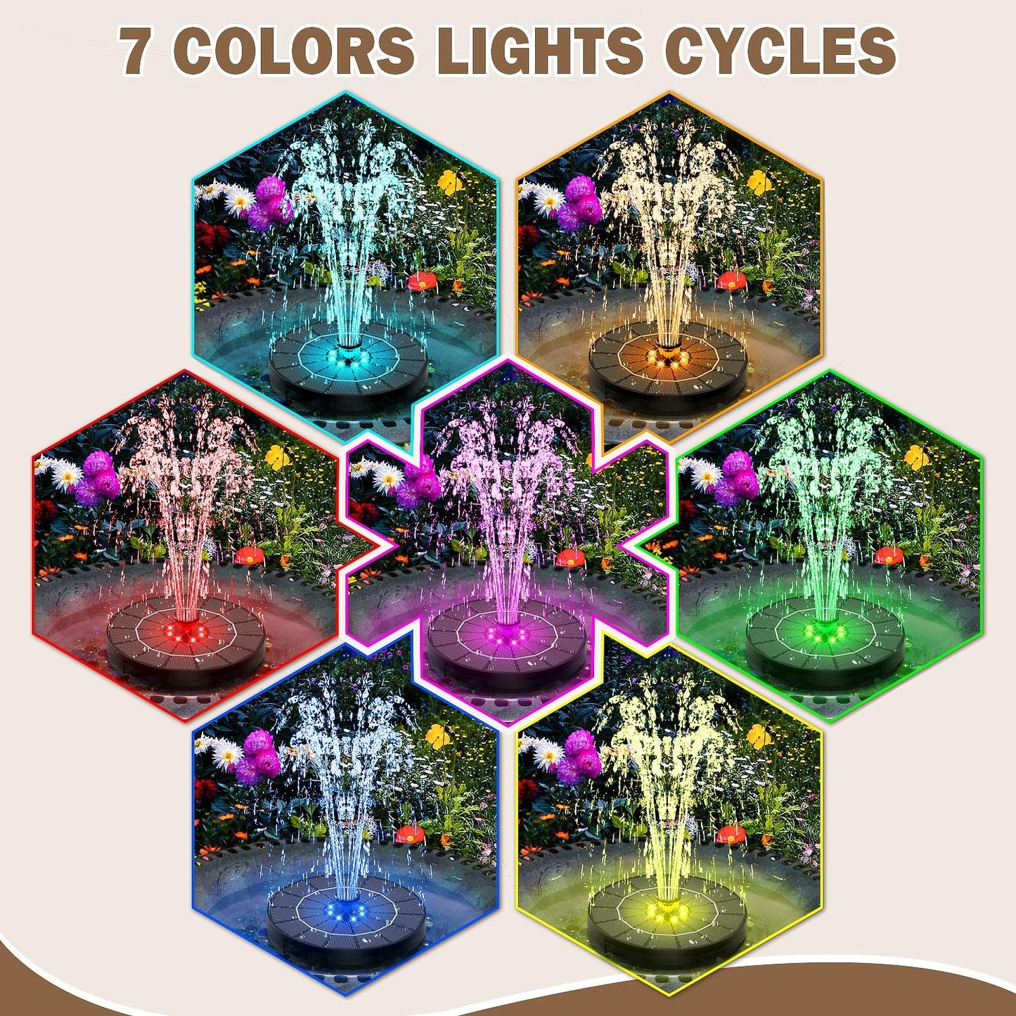 Solar Fountain with Colorful Lights,High Efficiency Solar Water Fountain with 2200mAh Battery 7 Nozzles and 4 Fixer,Solar Fountain for Bird Bath Garden Outdoor Décor
