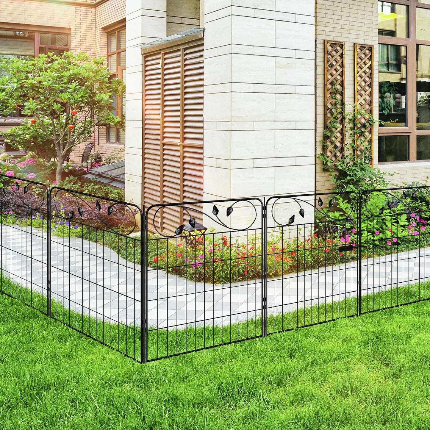 Decorative Metal Garden Fence 30in(H) X16ft(L) 1 gate+7 Panels Temporary Dog Fence Border for Landscape Patio Outdoor with gate, No dig Garden Fencing Gates for Yard