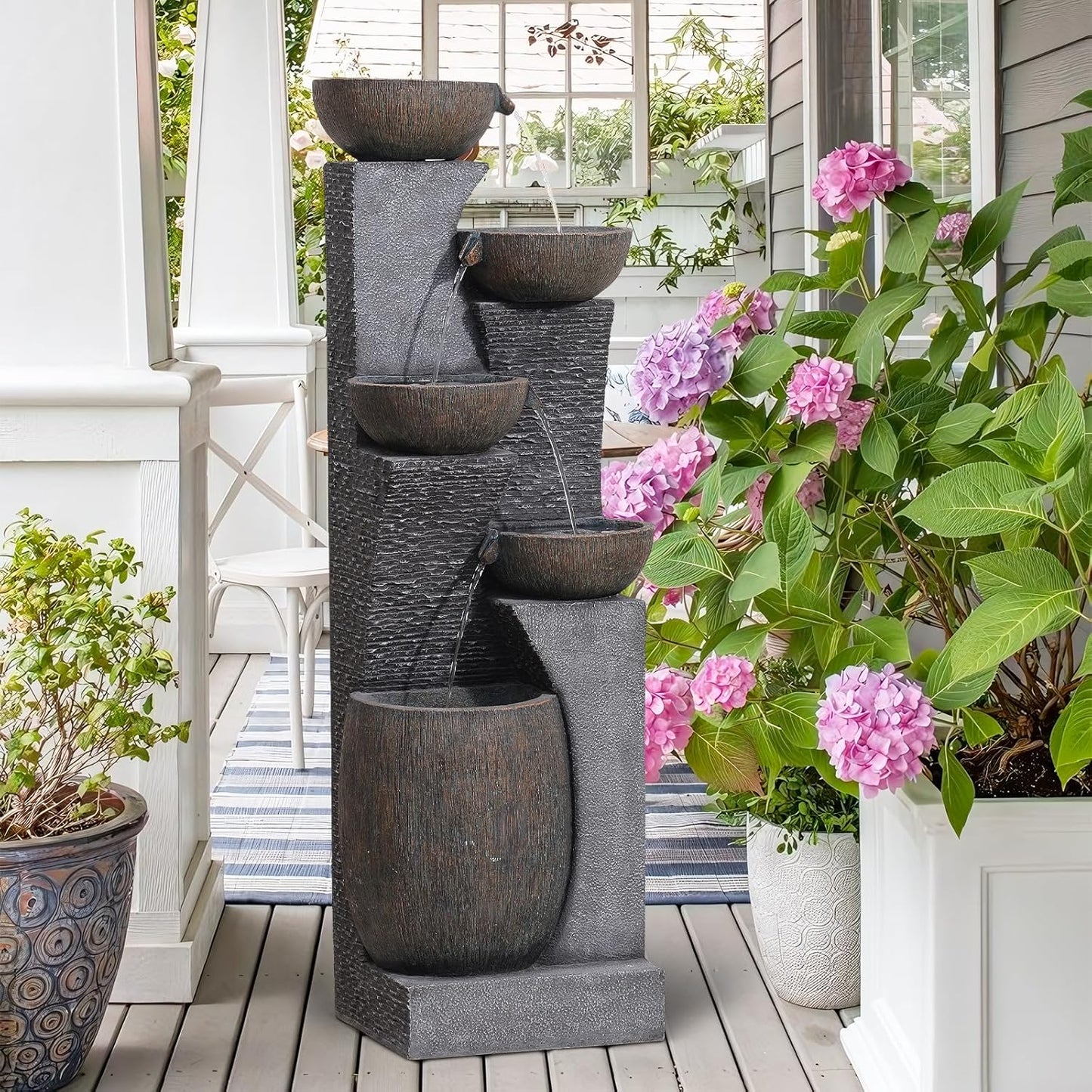 51.4" H Outdoor Garden Water Fountain for Garden, Patio, Backyard, Deck, Porch and Home Art Decor, 5 Tiers Modern Cascading Large Outdoor Fountain with Lights