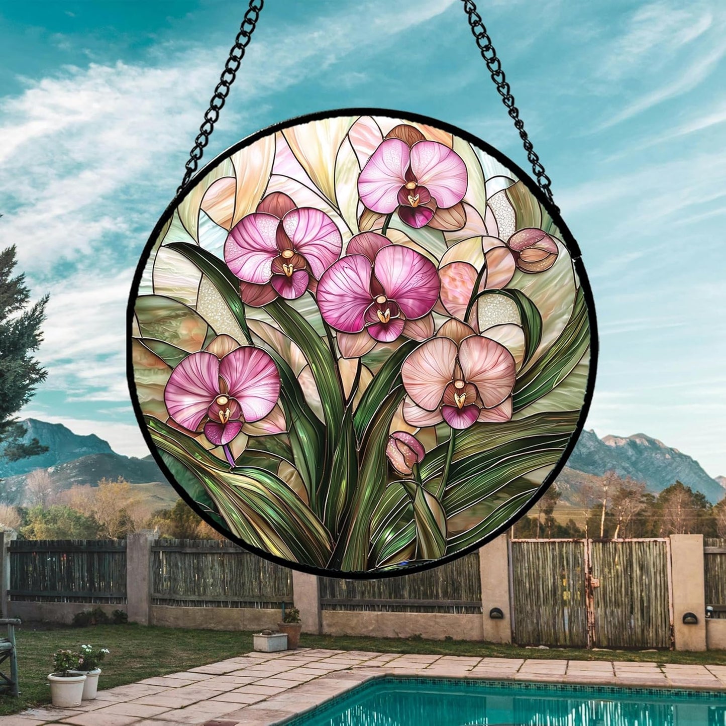 Stained Glass Window Hanging - Pink Phalaenopsis Orchid Green Leaves Sun Catcher for Door Home Decor Flower Suncatcher Christmas Mother's Day Birthday Gifts for Women Men Mom Nana 9.8 in