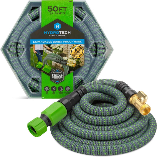 HydroTech 50 ft Expandable Garden Hose - Burst Proof & Lightweight, Flexible Water Hose with Durable Reinforced Latex Core & Solid Brass Fittings for Lawn, Garden, Car Washing