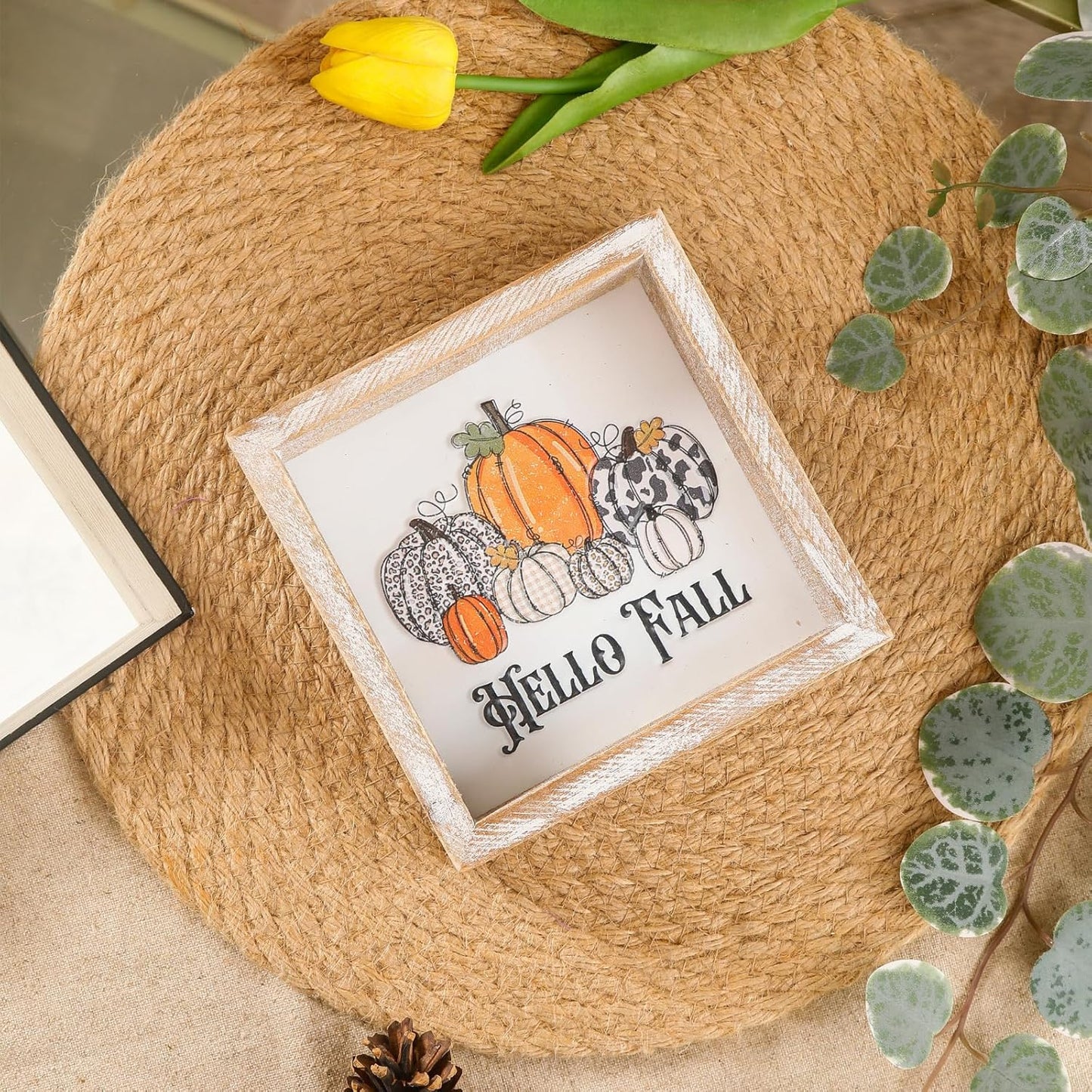 Embossed Pumpkin Sign, Farmhouse Autumn Decorations, Wooden Fall Tiered Tray Decor for Shelf Cubicle Desk Mantel, Rustic Thanksgiving Table Decor