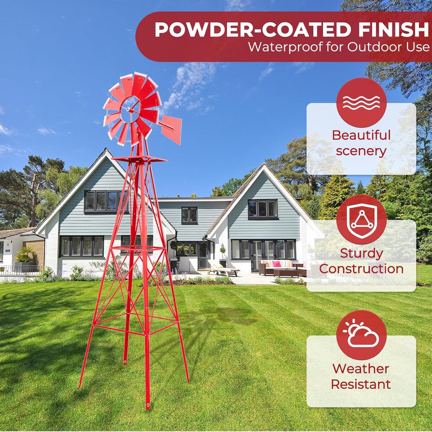 Outvita 8FT Ornamental Windmill, Heavy Duty Durable Metal Weather Vane Garden Decoration Weather Resistant for Garden, Yard, Farm, Seaside (8ft-red)