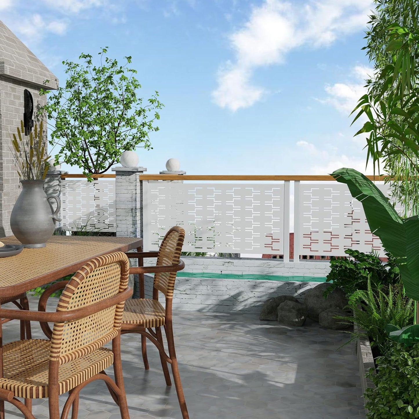 Metal Privacy Screen Outdoor 72" H×47" W,Freestanding Decorative Privacy Screen for Balcony Yard&Garden,Privacy Fence-White&Brick