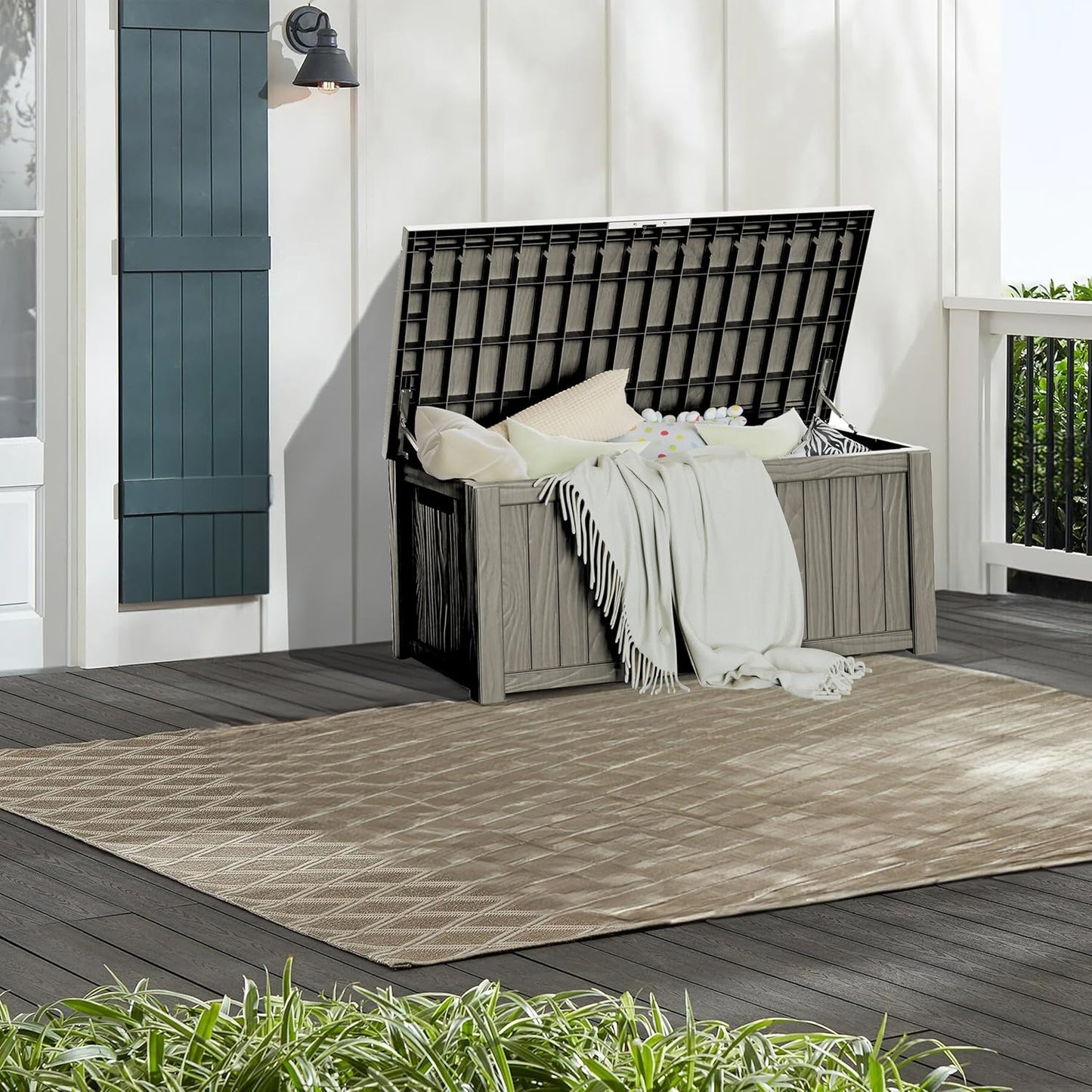 150 Gallon Outdoor Storage Box Waterproof Large Resin Deck Box Indoor/Outdoor Lockable Storage Container and Seating for Garden, Pool, and Patio (150 Gallon, Grey)