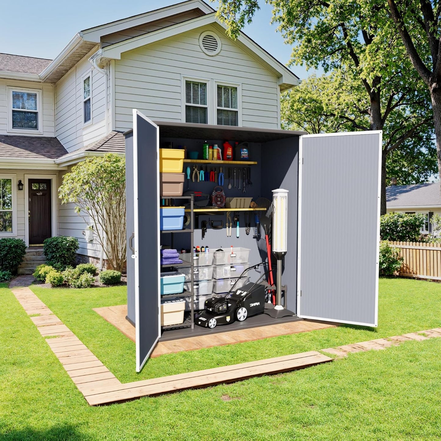 Greesum 5×3FT Plastic Outdoor Storage Shed with Floor, Resin Storaged Sheds with Lockable Door, Window & Vent, All-Weather Tool Sheds for Garden, Backyard, Patio, Dark Gray (4.7×2.5FT)