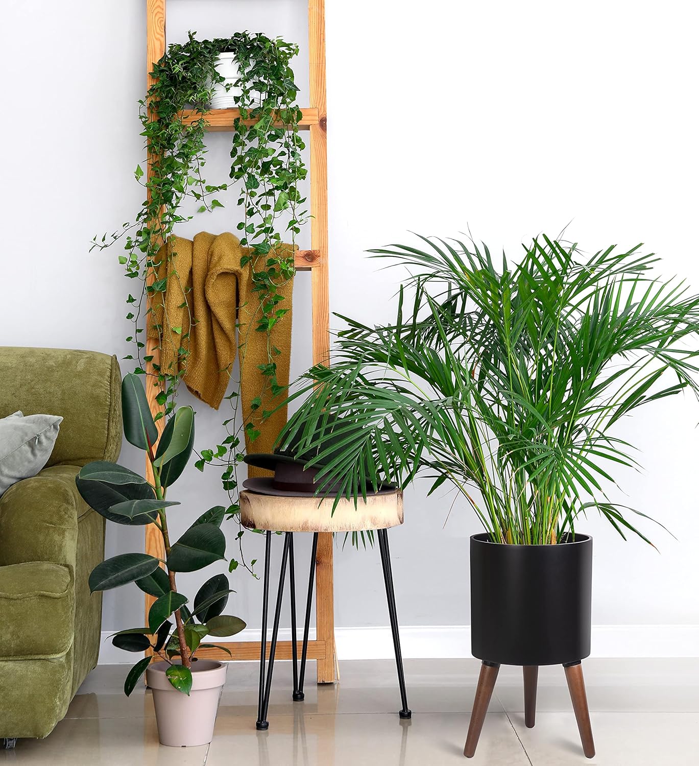 D'vine Dev 10 Inch Planter Pot with Stand, Mid-Century Tall Plant Pot with Legs for Indoor Plants, Medium, Black, 88-O-B-2