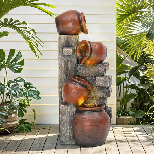 31.5" H Outdoor Water Fountain with LED Lights and Pump, Cascading Pitchers Farmhouse Garden Fountain Waterfall for Patio, Porch, or Yard