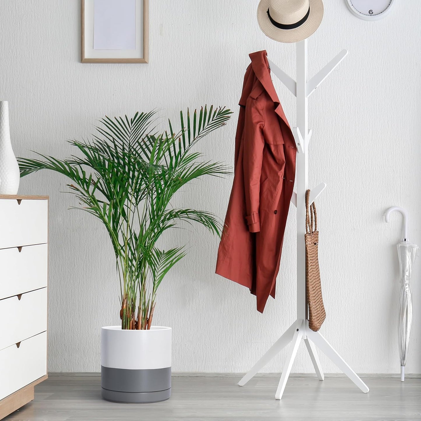 D'vine Dev 10 Inch Ceramic Planter Pot with Drainage Hole and Saucer, Indoor Cylinder Round Planter Pot, White/Speckled Grey, 94-O-E-6