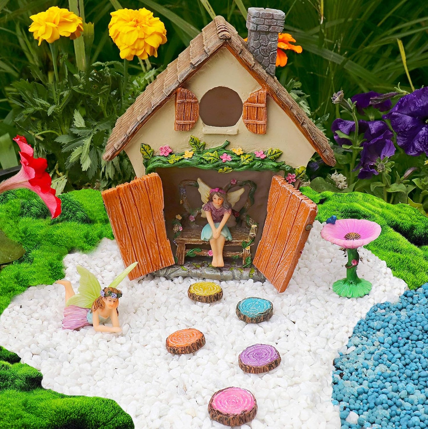 Meadow & Oak Fairy Garden House Kit - Complete with Fairy Garden Accessories, Butterly Seat, Bird Bath, Stepping Stones, Magnetic Door Closure for Indoor/Outdoor Fairy House
