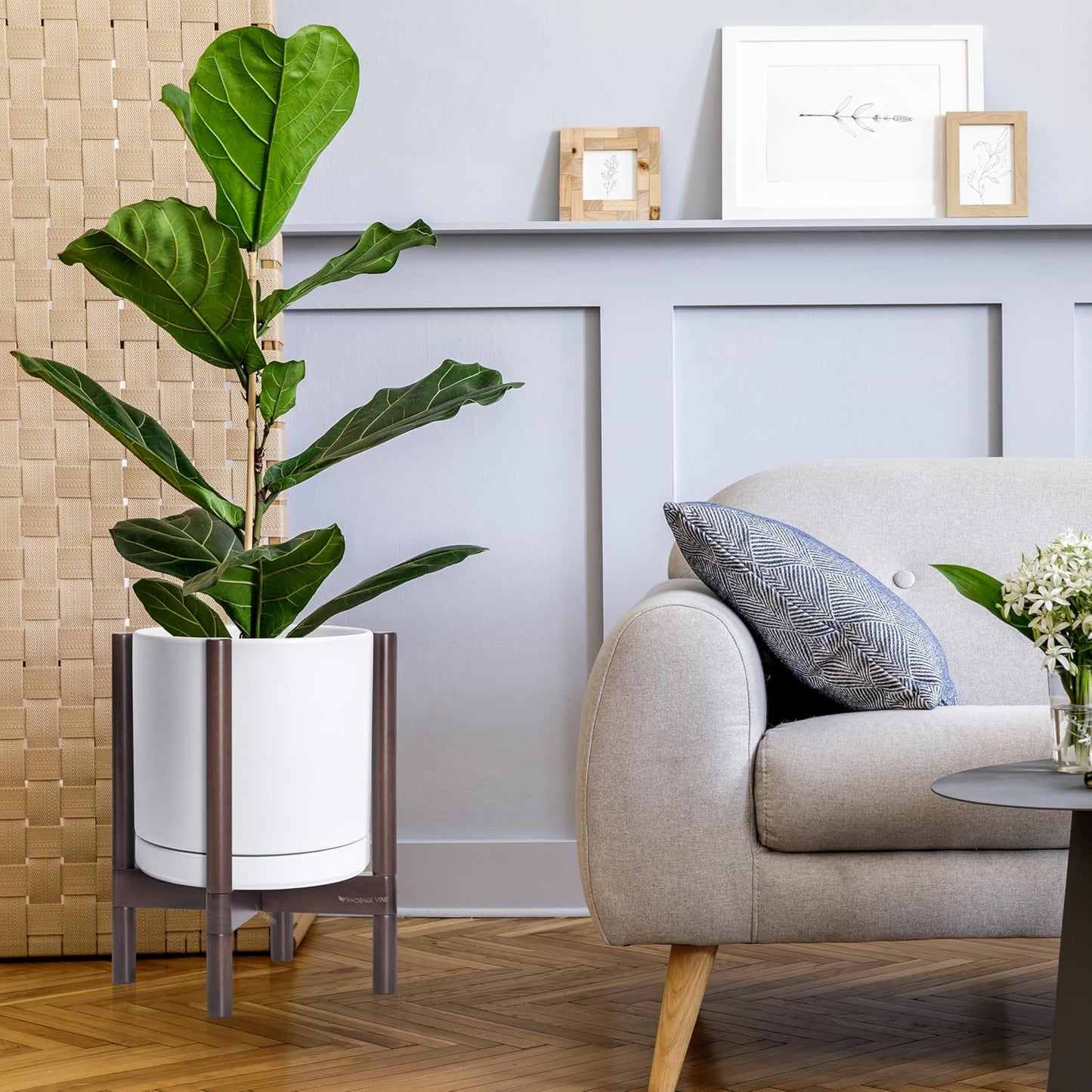 D'vine Dev Ceramic Planter with Walnut Color Stand - 12 Inch Modern Round Flower Pot with Wood Planter Holder, White, 55-B-W-1