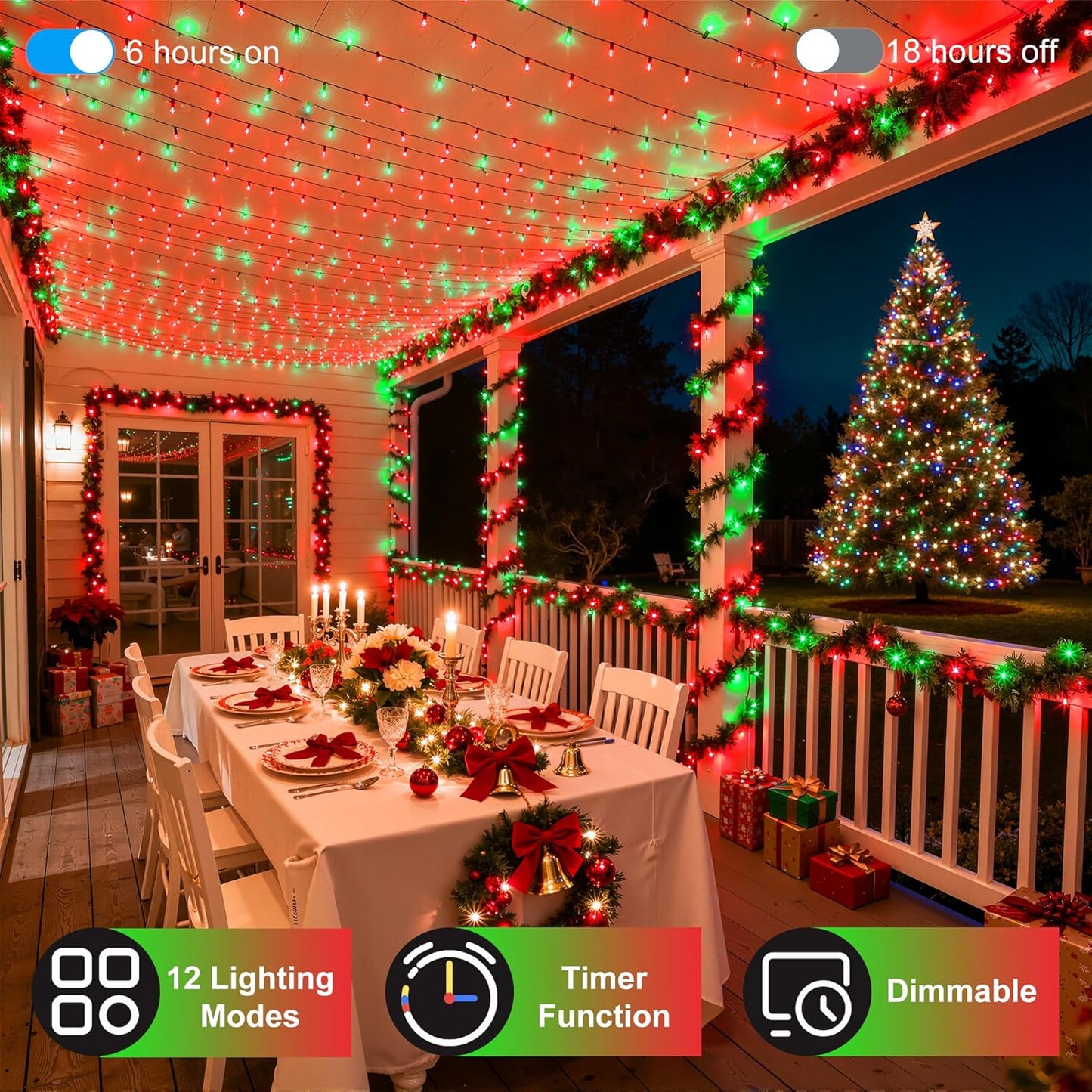 1500LED Christmas Lights Outdoor Use, 470ft 12 Modes Red and Green LED String Lights with Timer Dimmable, Waterproof Christmas Tree Lights for Xmas Patio Yard Fence Balcony Garden Party Decor