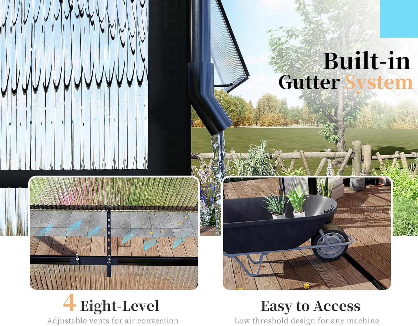 HOWE 16x12x9.5 FT Polycarbonate Greenhouse for Outdoors, Pavilion Style Greenhouse with 4 Vent Windows, Lockable Double Doors, Ideal for Garden & Patio Use, Black