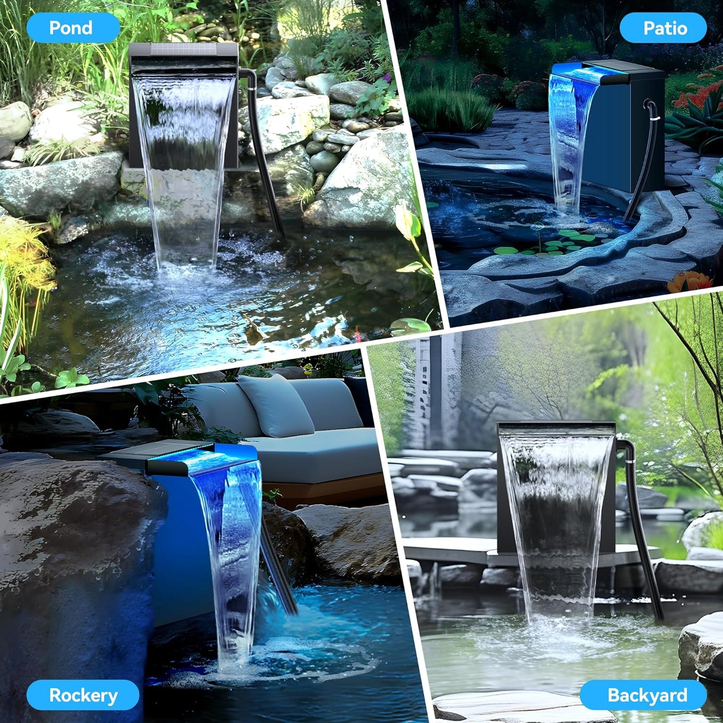 POPOSOAP Pond Waterfall Spillway Kit with LED Lights, 13.4" H x 12" W Stainless Steel Spillway with 660GPH Pond Pump, Filtration, 10FT Corrugated Tubing Waterfall for Water Garden, Backyard, Pool