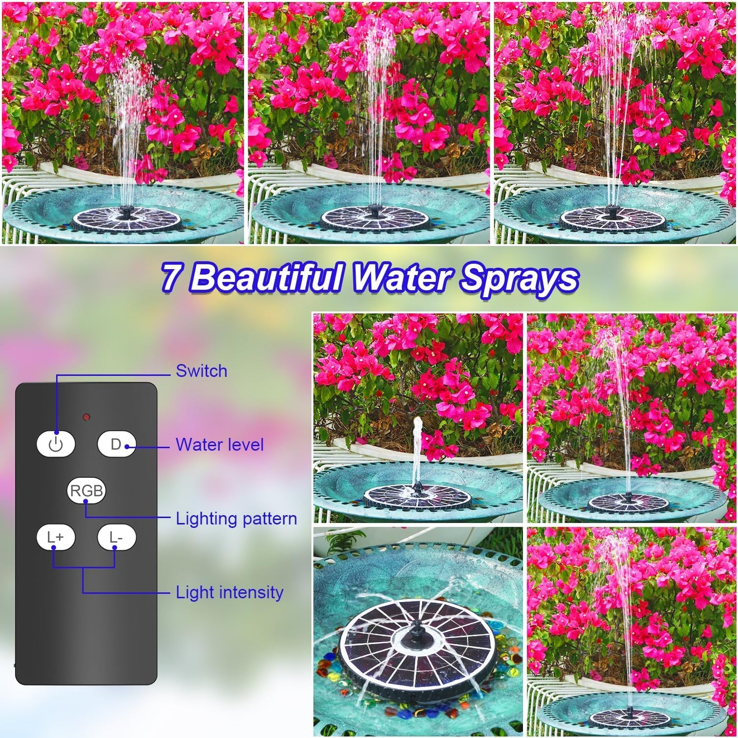 SZMP Solar Fountain 2025 Upgraded, 6W Remote Bird Bath Fountain, 4000mAh Solar Water Fountain Pump with 7 Nozzles & 4 Fixers, Colorful Lights for Garden, Pond, Pool, Outdoor-Adjust Water Height