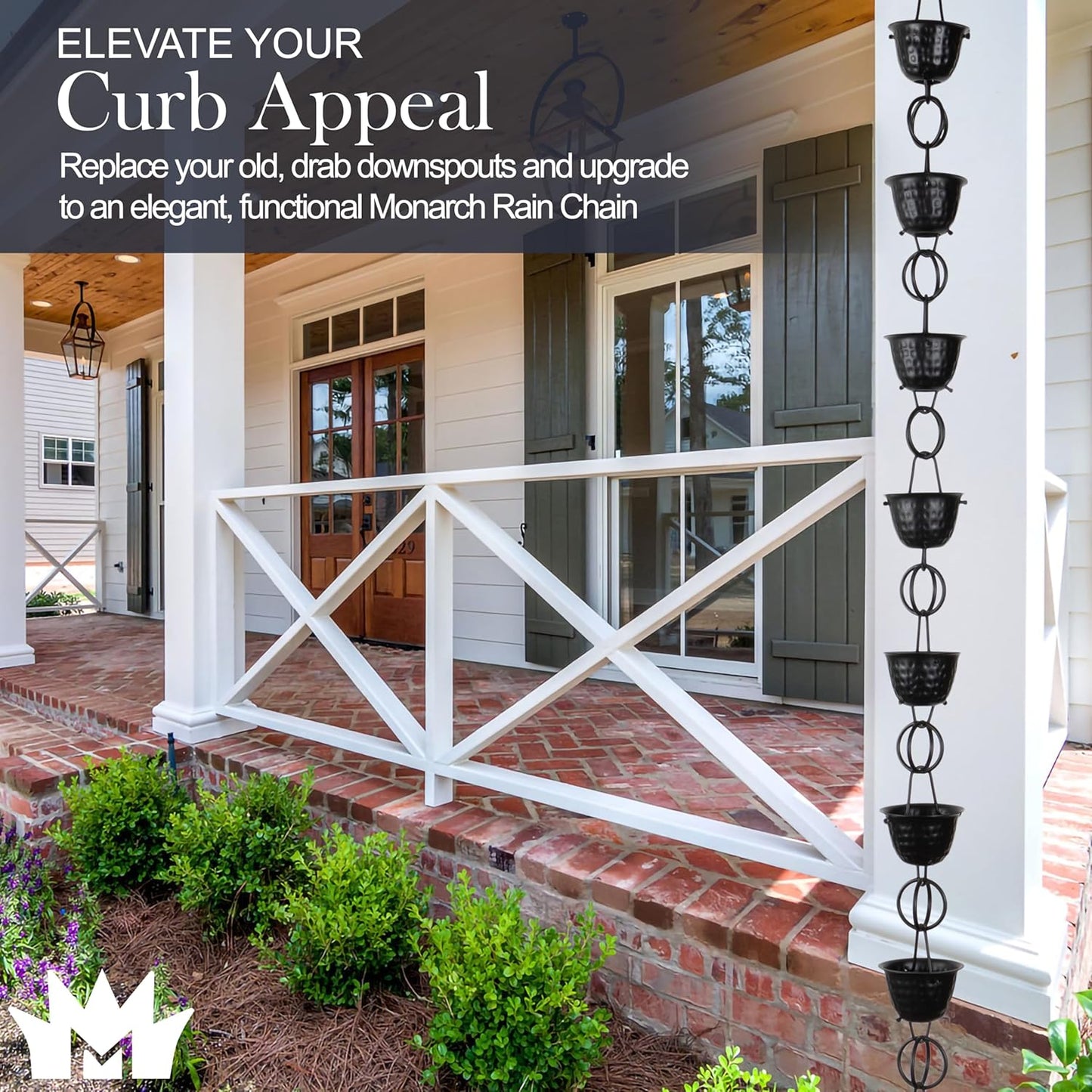 Monarch Rain Chains Aluminum Hammered Cup Rain Chain, 8.5 ft Black Powder Coated Aluminum Decorative Rain Catcher Chain for Gutters, Black Aluminum Rain Gutter Replacement Downspout