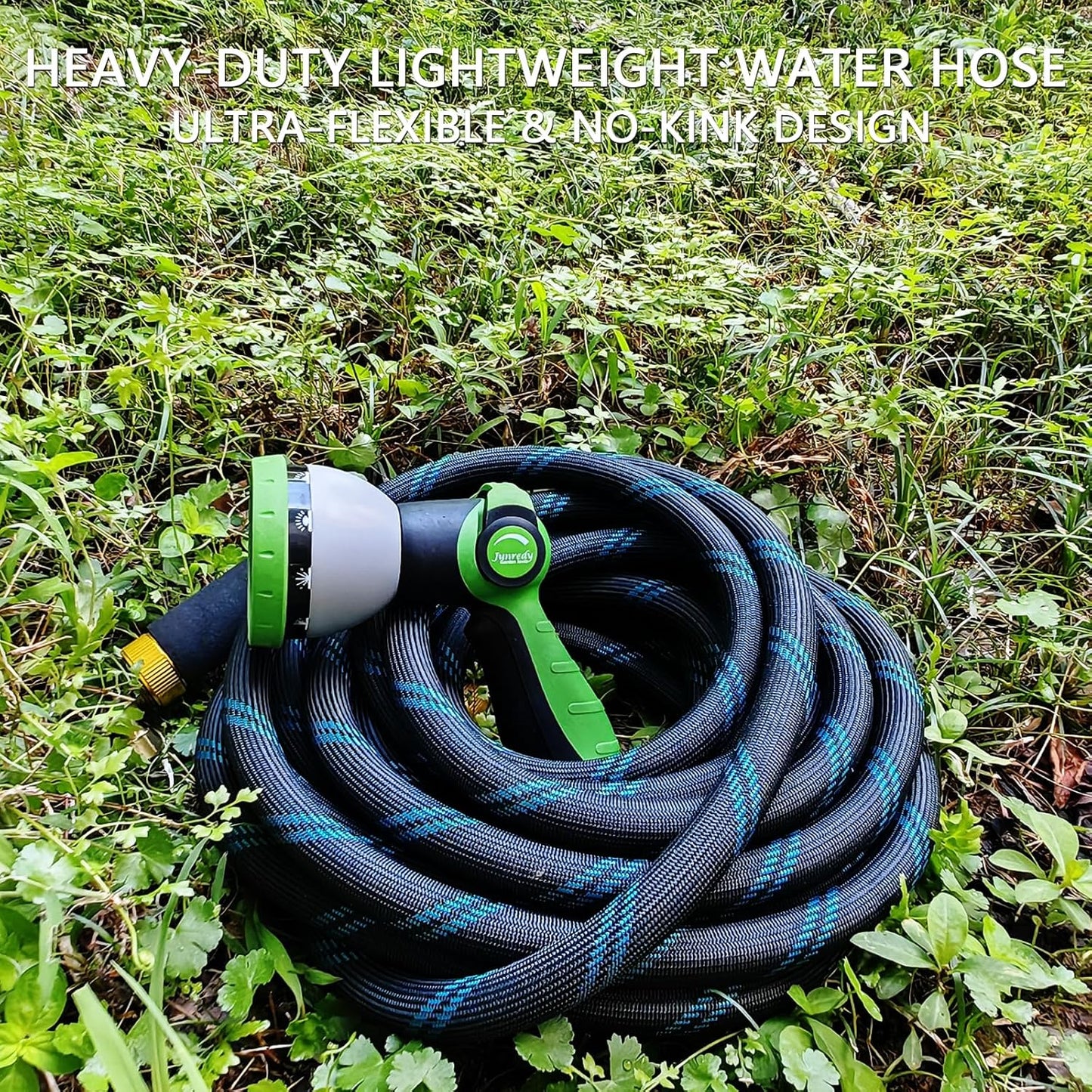 Garden Hose 50FT, NON-EXPANDABLE Heavy-Duty Flexible & Lightweight Water Hose with 10-Function Nozzle, No-Kink, Leak-Proof, Solid Fittings for Car, RV Marine Camper, Outdoor, Yard, Lawn