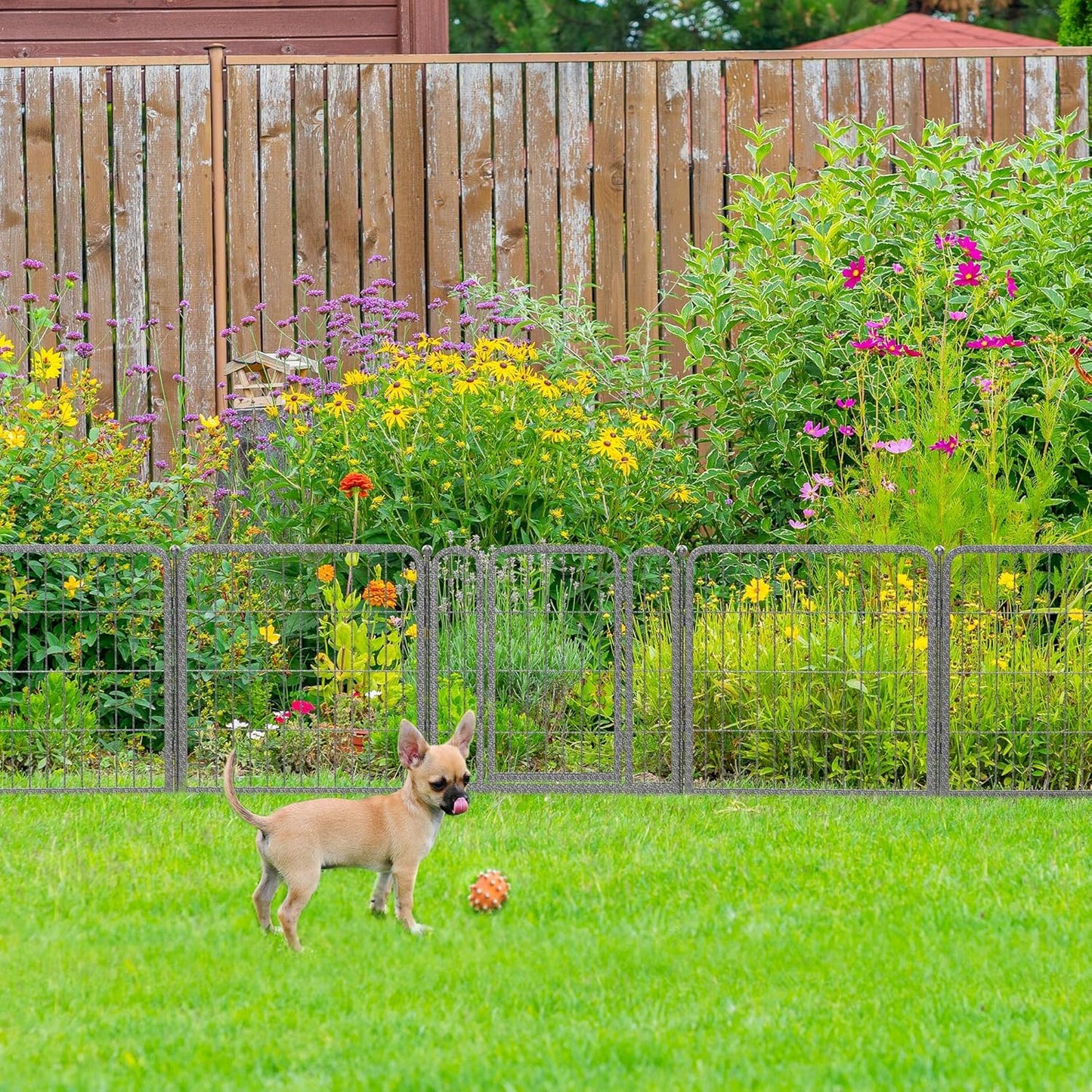 FXW Garden Fence Outdoor for The Yard – 24in(H) x 45.6ft(L) Heavy Duty Metal Animal Barrier for Dog and Rabbit, Decorative Dog Fence, 24 Panels, Silver