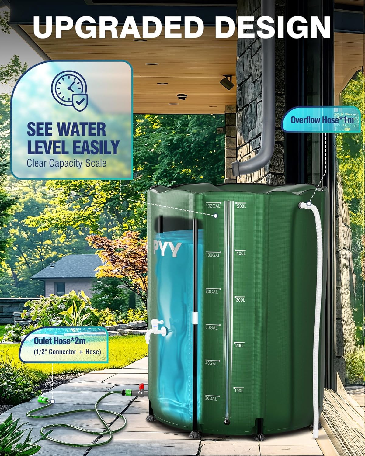 PYY Rain Water Collection Barrel - 132 Gallon Green Water Storage Tank with Spigots, Hose and Portable Bucket, Large Plastic Collapsible Rain Catcher Catchment System to Collect Rainwater from Gutter