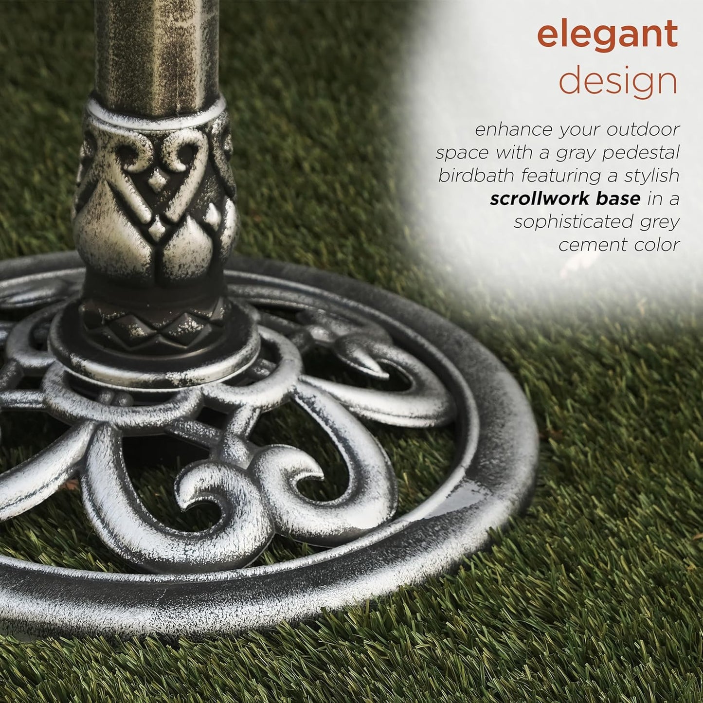 Alpine Corporation TEC116GR Outdoor Pedestal Birdbath w/Scrollwork Base and Stakes, Elegant Birdbath for Garden, 28" H, Gray