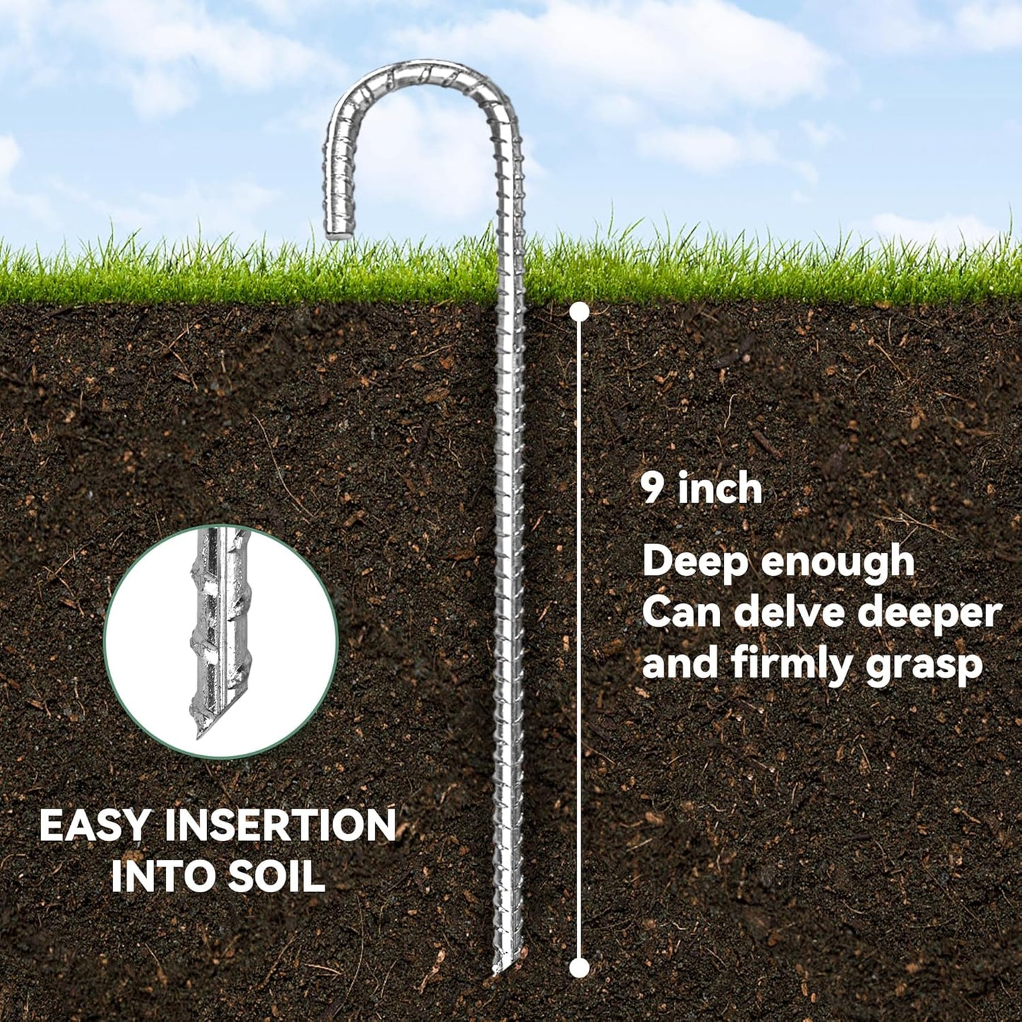 12 Pack 12 Inch Rebar Stakes Heavy Duty J Hook Ground Anchors, Anti Rust Metal Steel Tent Stakes Garden Fence Stakes, Silver