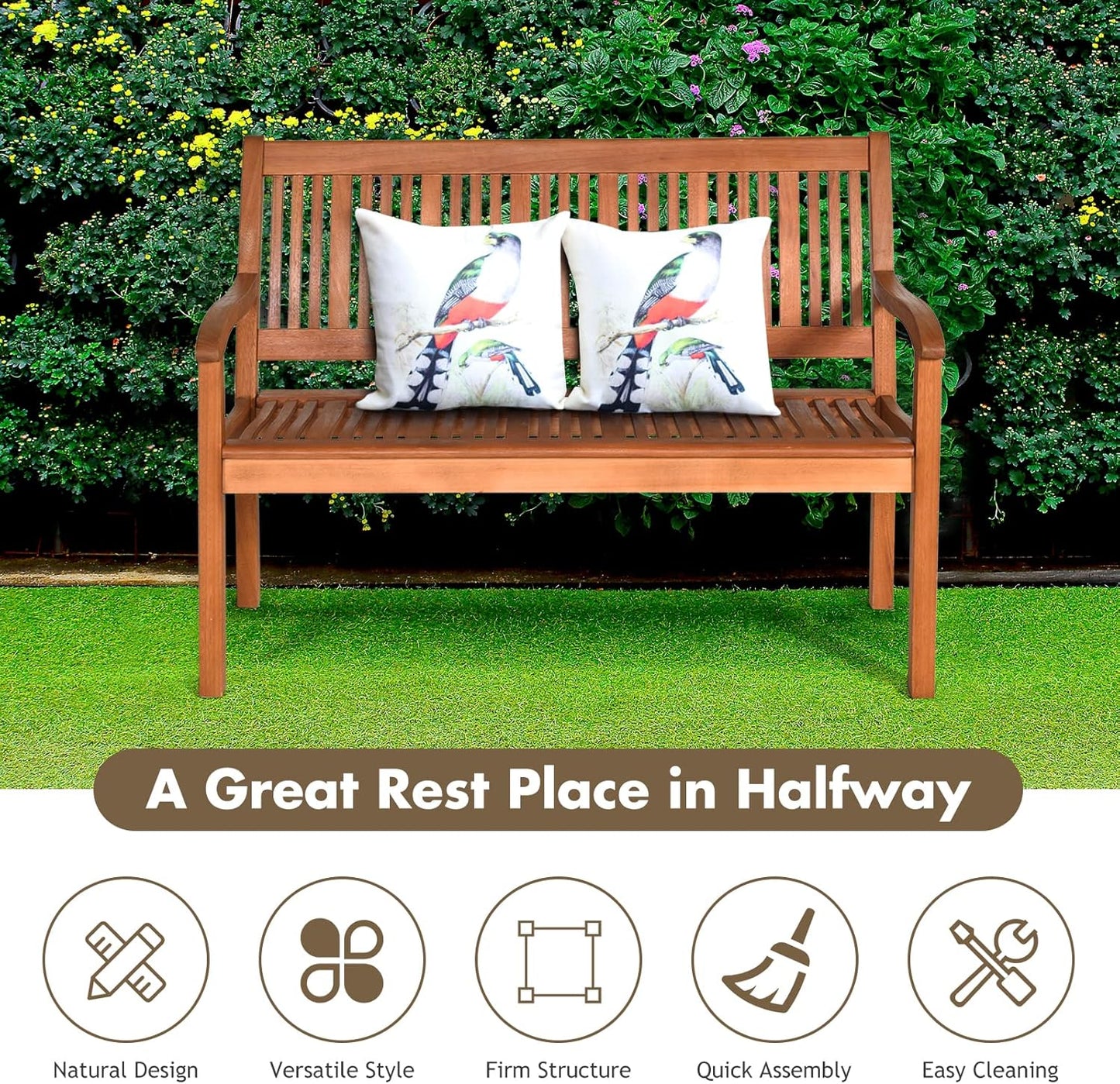 COSTWAY Wooden Bench Outdoor, Curved Armrest & Backrest, Sturdy Outdoor Wood Bench for Garden, Park & Porch, 25" D x 50" W x 36" H, Teak Colored