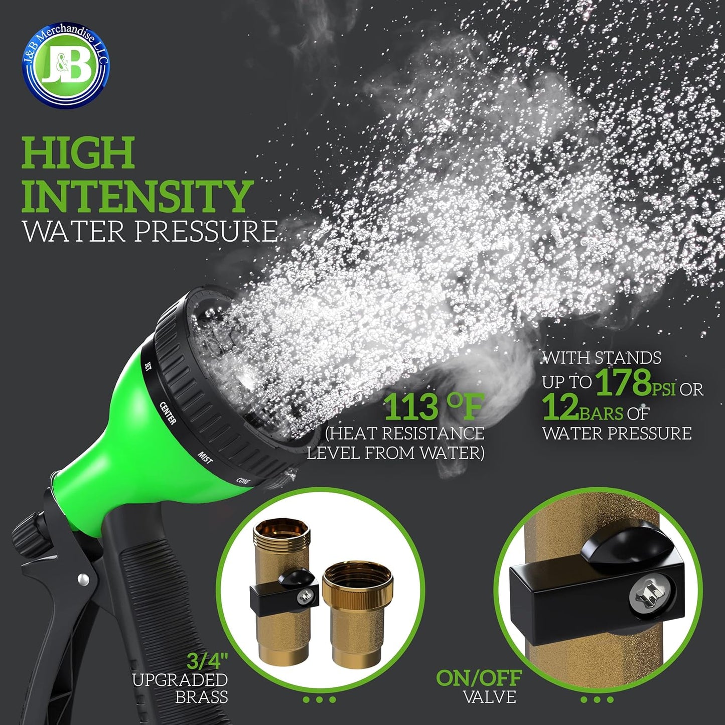 J&B XpandaHose 50ft Expandable Garden Hose with Holder - Heavy Duty Superior Strength 3750D - 4 -Layer Latex Core - Extra Strong Brass Connectors and 10 Spray Nozzle w/Storage Bag (Green 50)