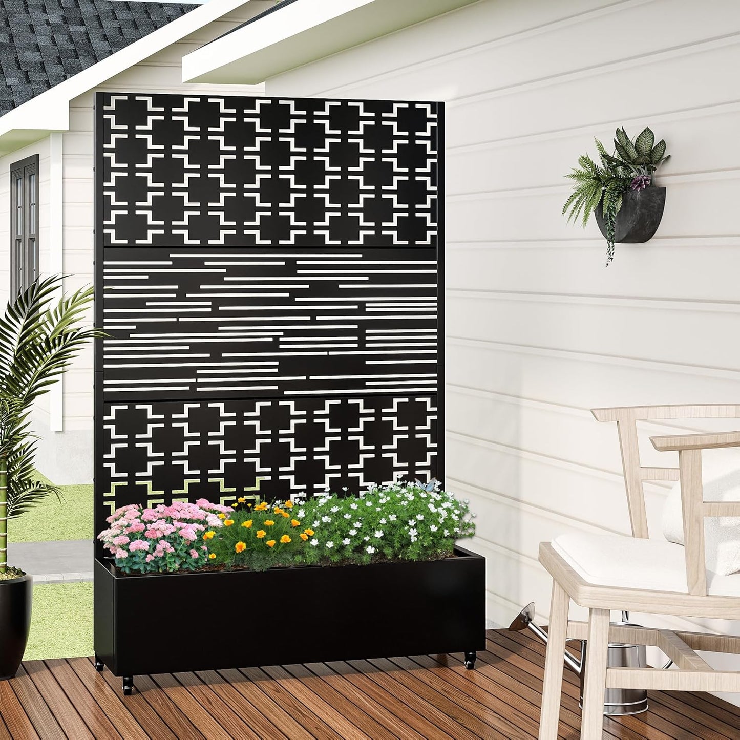 Casaphoria Metal Raised Garden Bed with Trellis and Wheels, 72"x47"x16" Planter Box for Climbing Plants, Vegetables & Vines, Features Drainage Holes and Privacy Screen, Black(Parallel&Louvered)