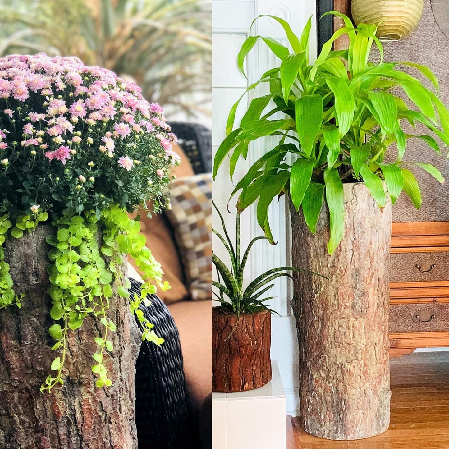 Farmhouse Porch and Patio Planter. Tall Country Vintage Plant and Flower Stand. Large Outdoor Deck and Garden Unique Rustic Log Pot Decor.
