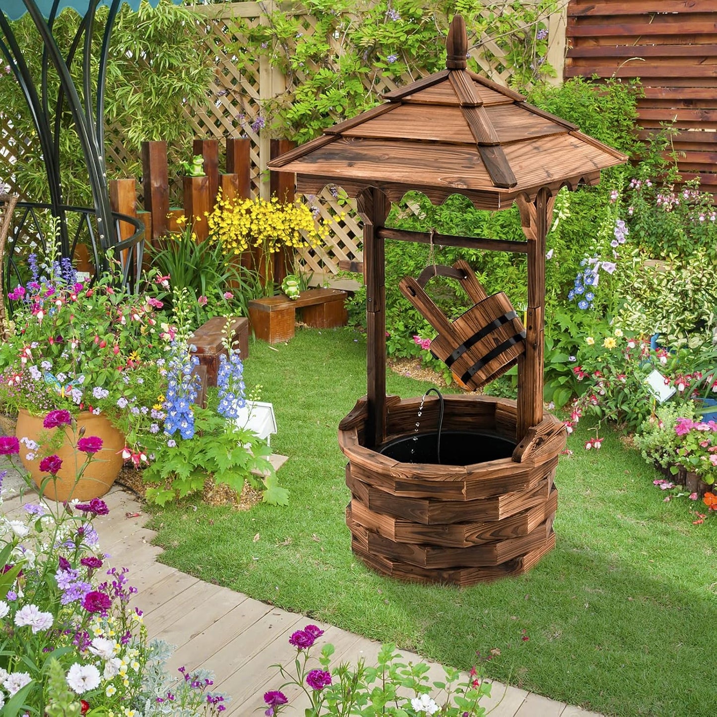 Giantex Rustic Wishing Well Fountain, Outdoor Wooden Water Fountain with Electric Pump, 5 Adjustable Water Flow Rates, Water Bucket, Freestanding Decorative Wishing Well for Backyard Patio Garden