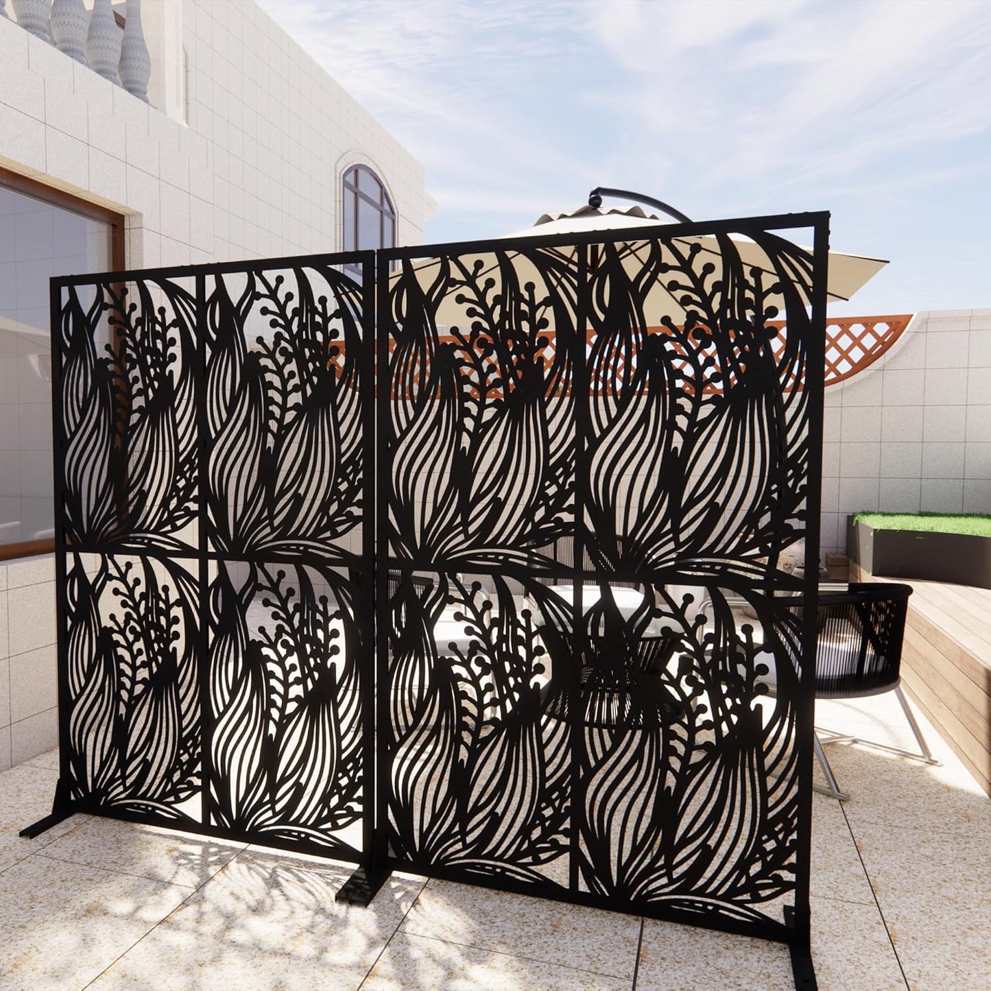 Metal Privacy Screens 72" H Outdoor and Indoor Leaf Pattern Room Divider Privacy Screens Panels for Living Room Balcony Patio Garden (Black