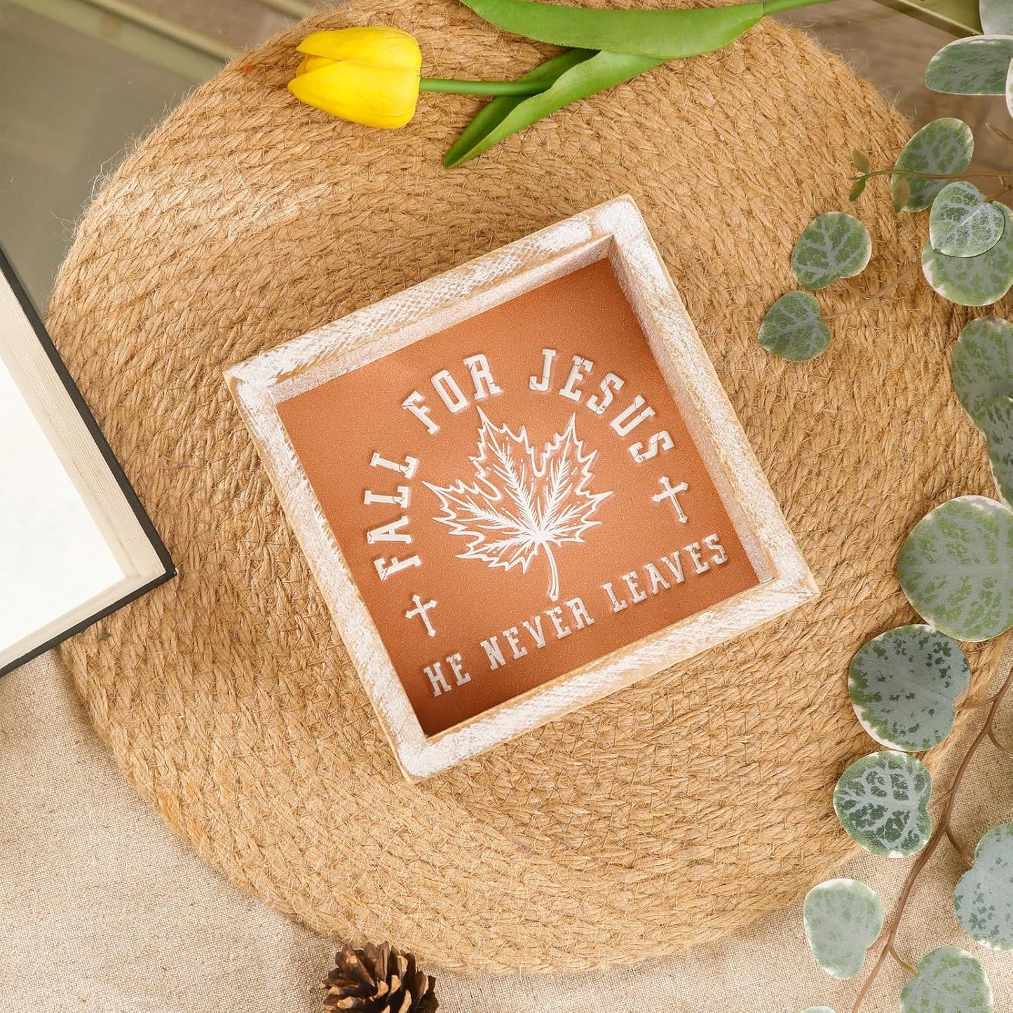 FESTWIND Embossed Orange Fall Leaf Sign, Farmhouse Autumn Decorations, Wooden Fall Tiered Tray Decor for Shelf Cubicle Desk Mantel, Rustic Thanksgiving Table Decor