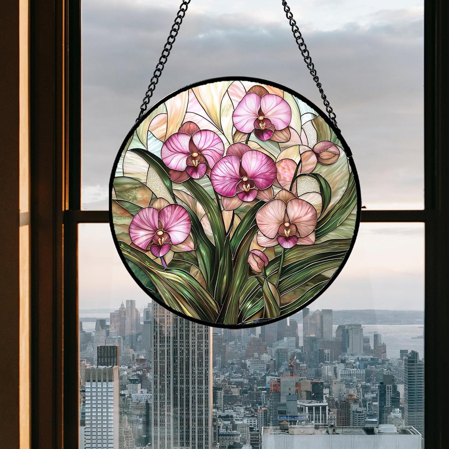 Stained Glass Window Hanging - Pink Phalaenopsis Orchid Green Leaves Sun Catcher for Door Home Decor Flower Suncatcher Christmas Mother's Day Birthday Gifts for Women Men Mom Nana 15 in